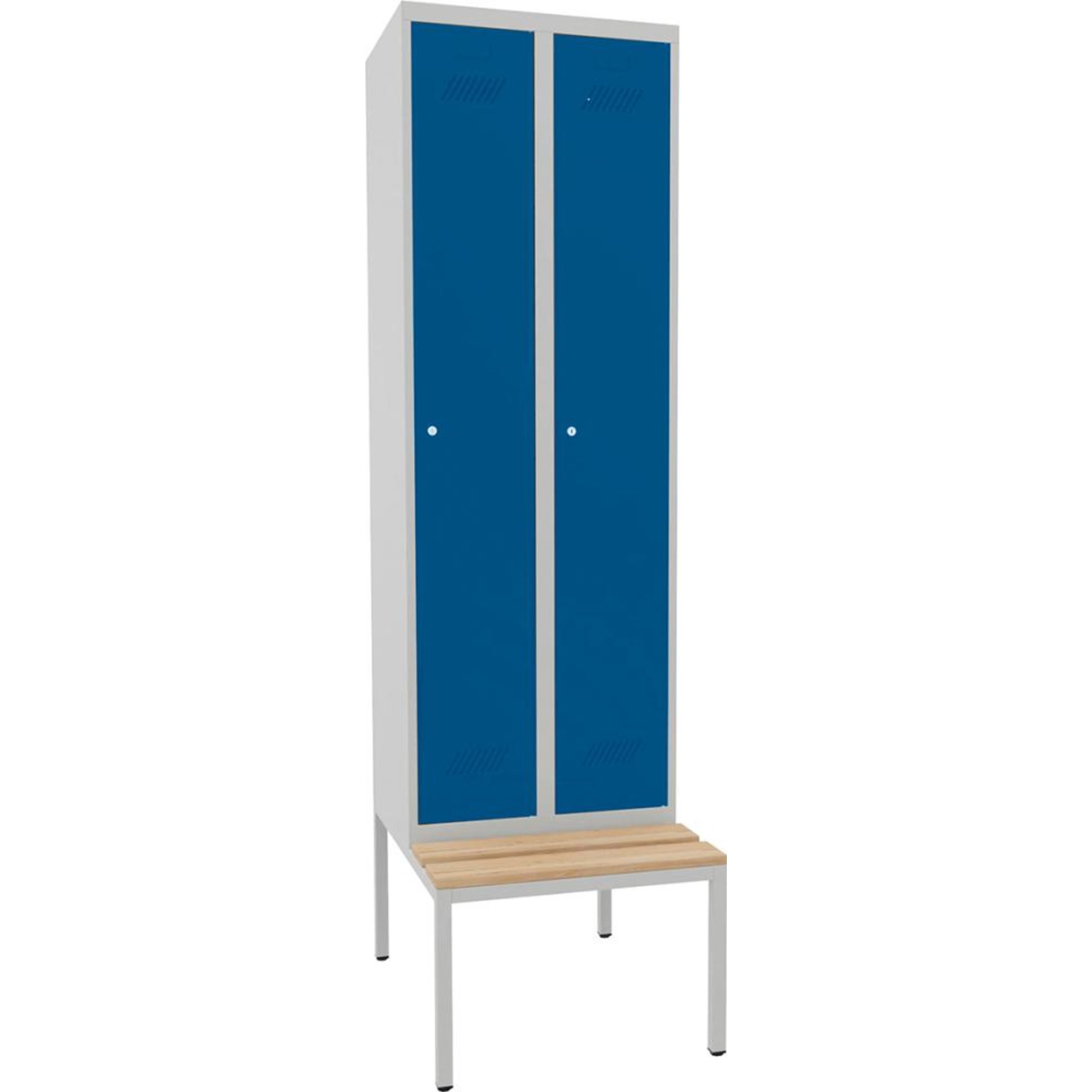 Kleiderschrank m. Bank 2 Abteile, 400mm Zy.Schloss RAL 7035/5010 B800xT500xH2150mm