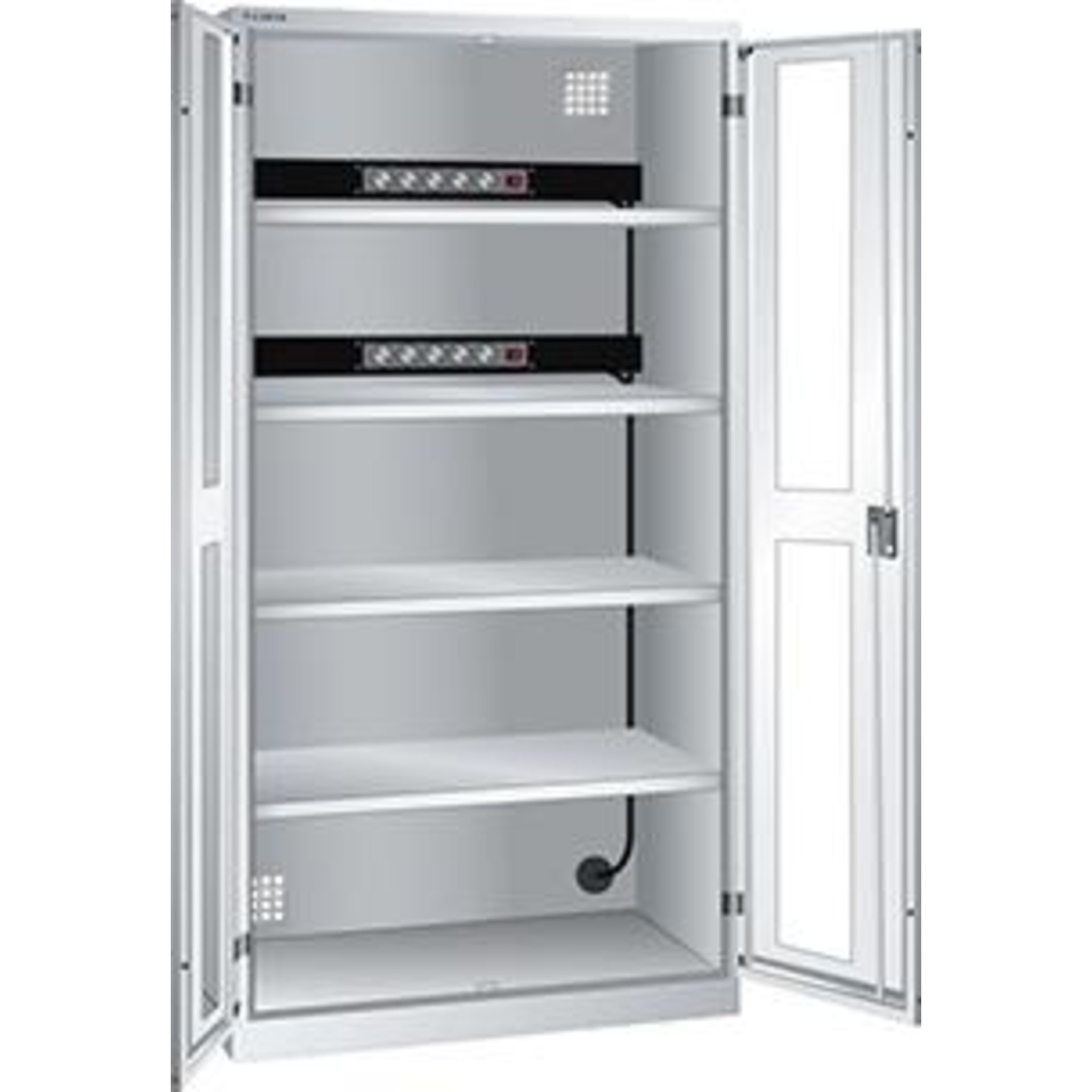Akku-Ladeschrank B1000xT580xH1950mm RAL 7035,Sichtfenstertür 2x5-fach Leiste,4Böden