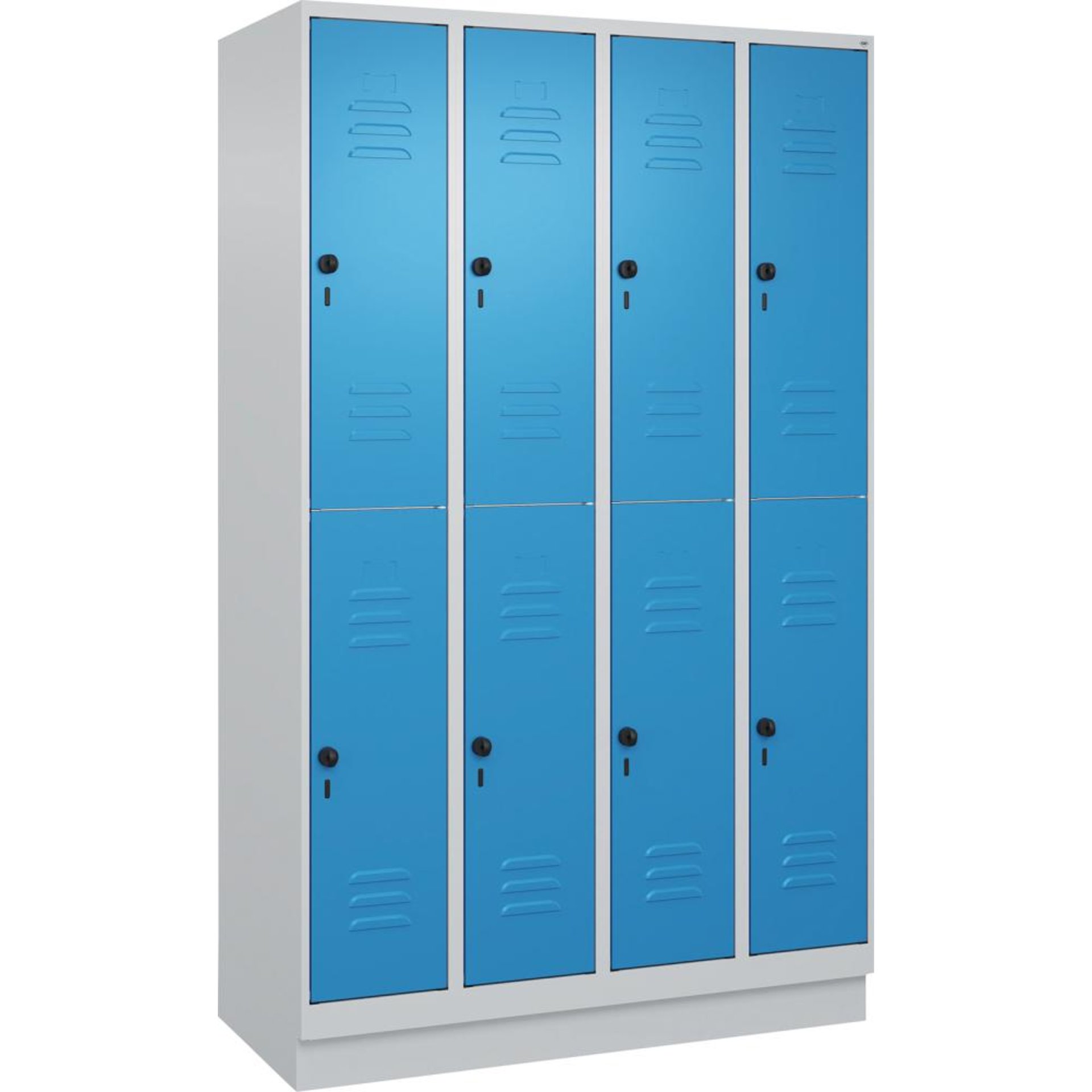 Doppelst. Schrank CLASSICB1200xT500xH1950 mm RAL 7035/5012, 4x2Abteilemit 100 mm hohem Sockel