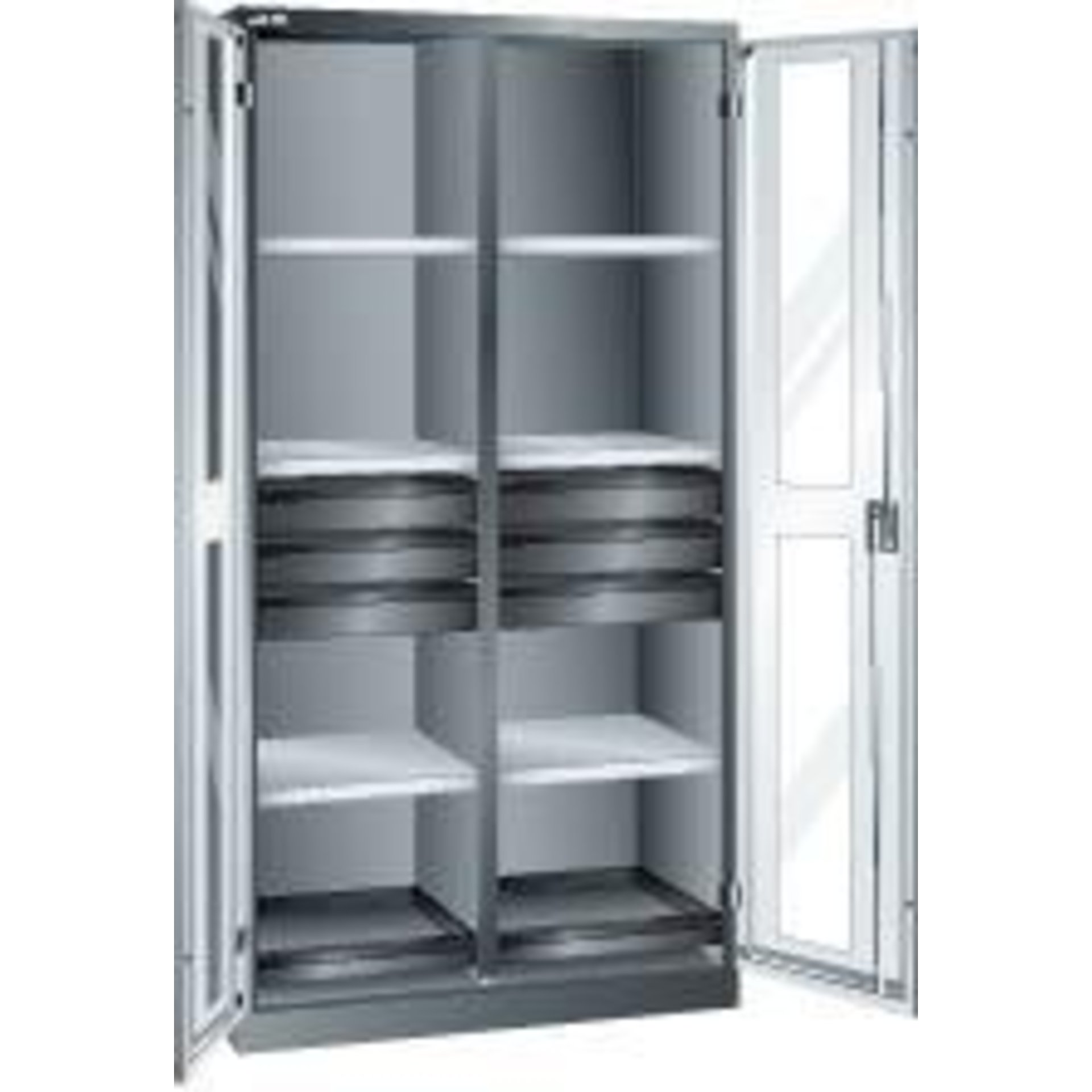 Flügeltürenschrank B1000xT580xH1950mm RAL 5012,Sichtfenstertür 8 Böden,6Schubladen
