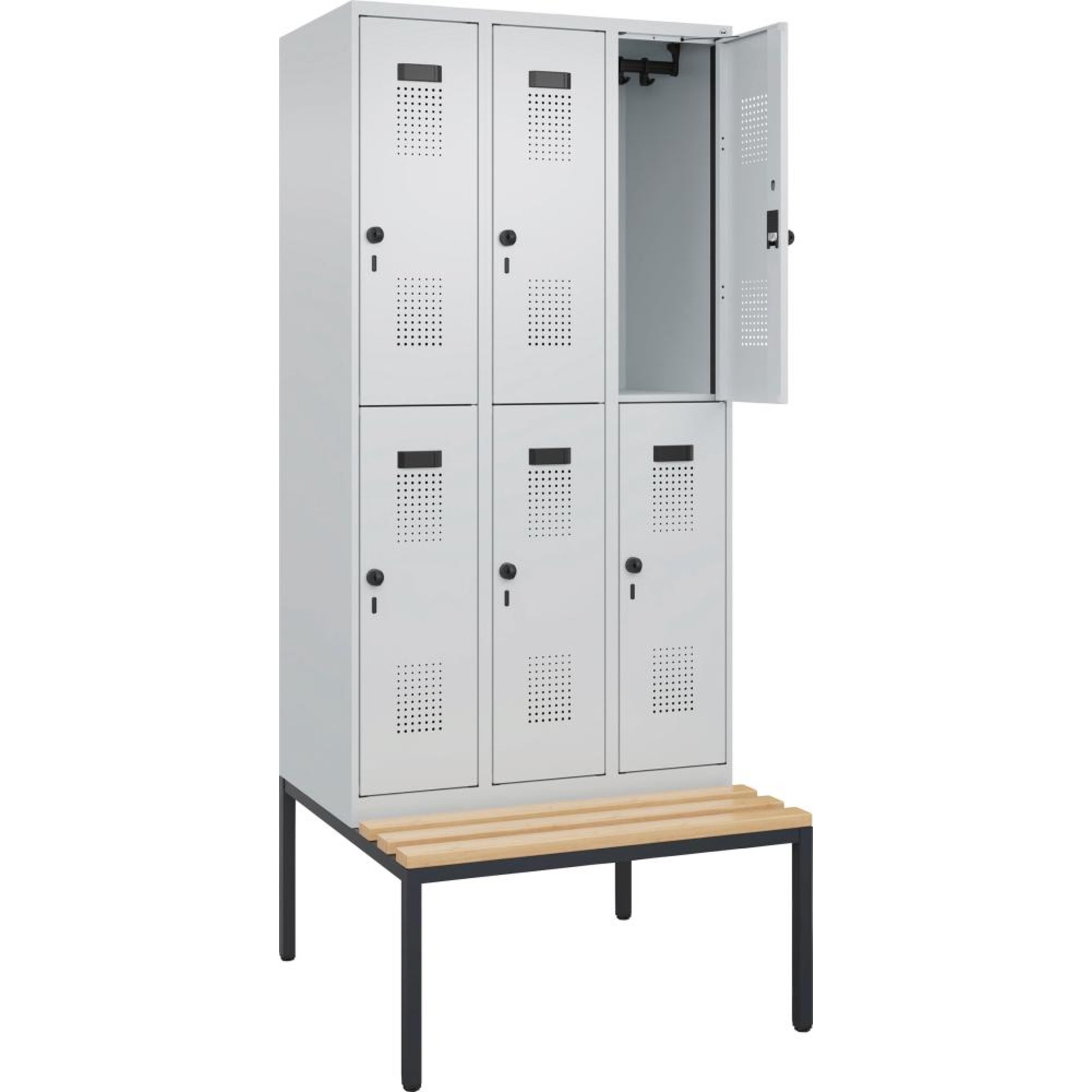 Doppelst. Schrank EVOLO mit untergeb. Sitzbank RAL7035/7035, 3x2Abteile B900xT500xH2120mm