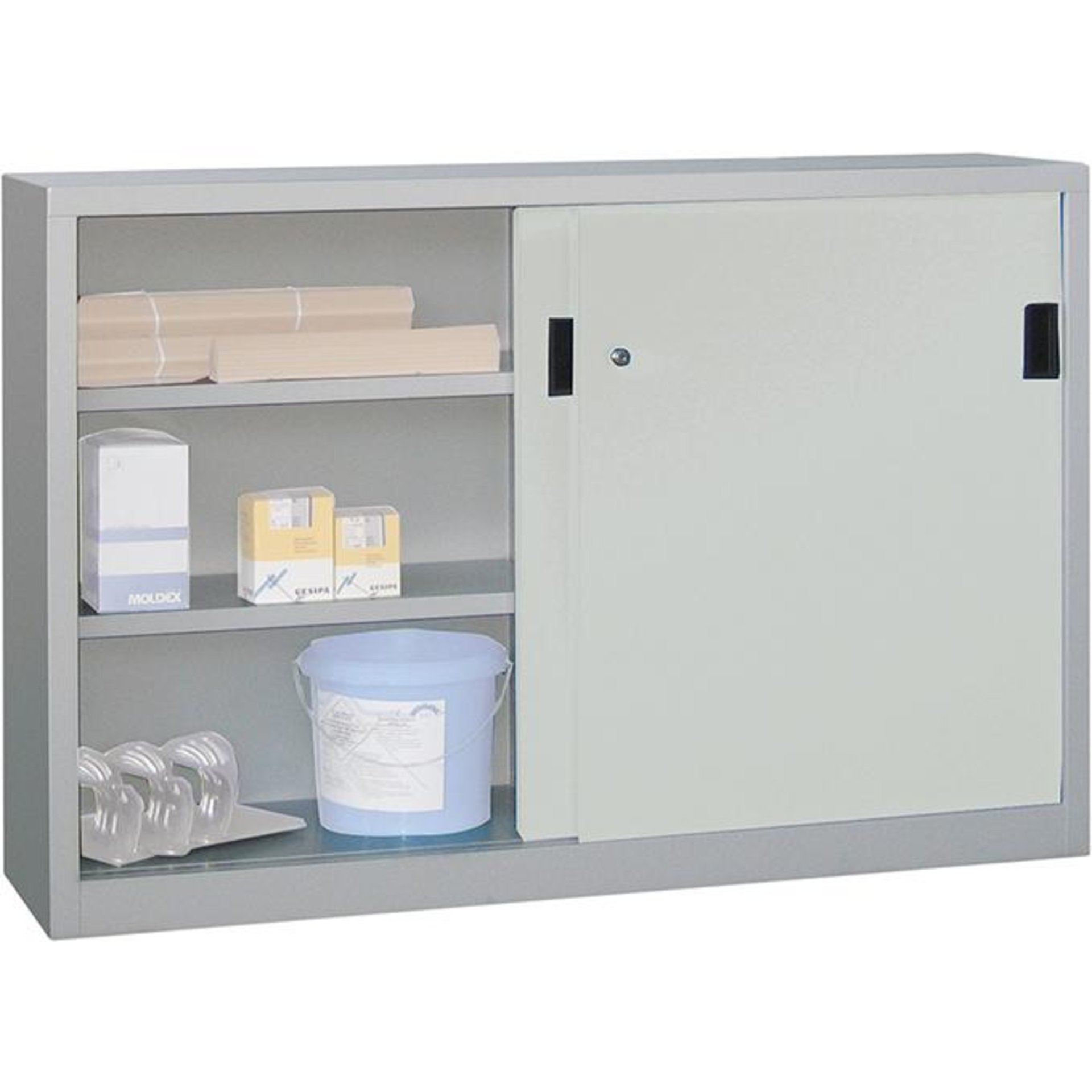 Schiebetürenschrank, Breite 1500 mm, mit Vollblechtüren und Mitteltrennwand, Böden verzinkt
