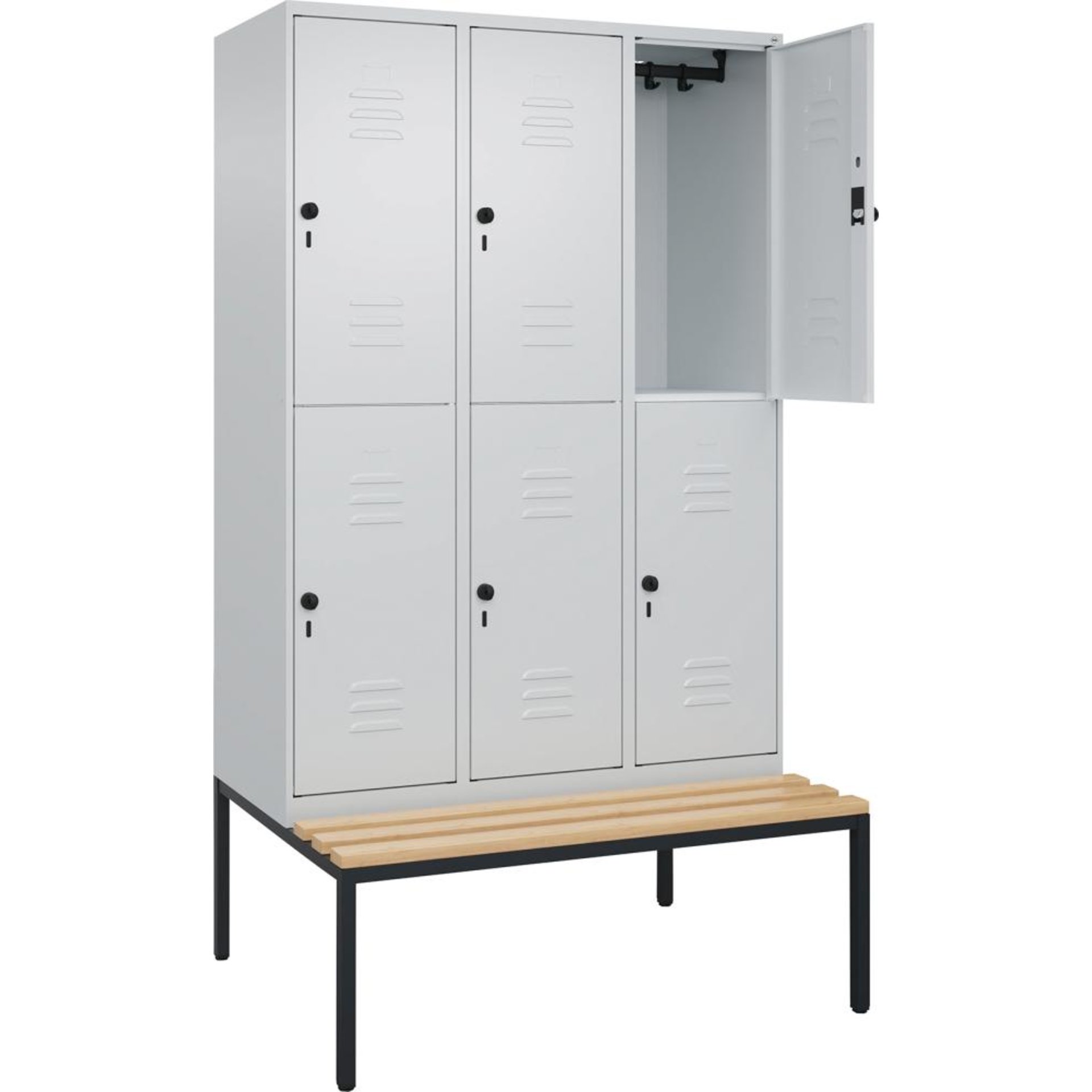 Doppelst. Schrank CLASSICB1200xT500xH2120 mm RAL 7035/7035, 3x2Abteilemit untergeb. Sitzbank