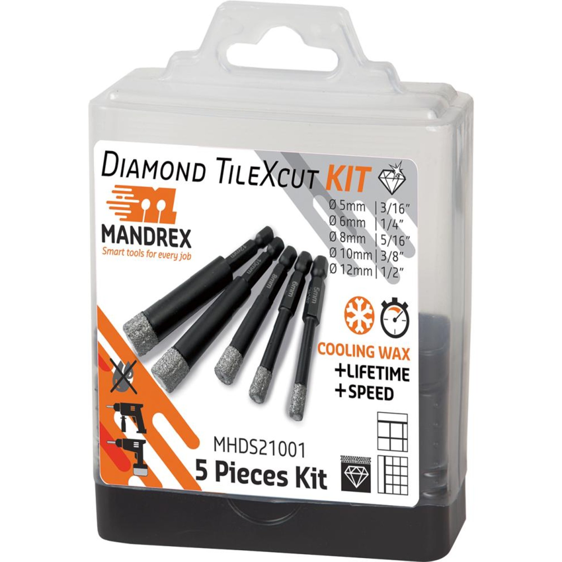 Diamant Zentrierbohr. SetTileXCut 5tlg. D5,6,8,10,12mm Mandrex