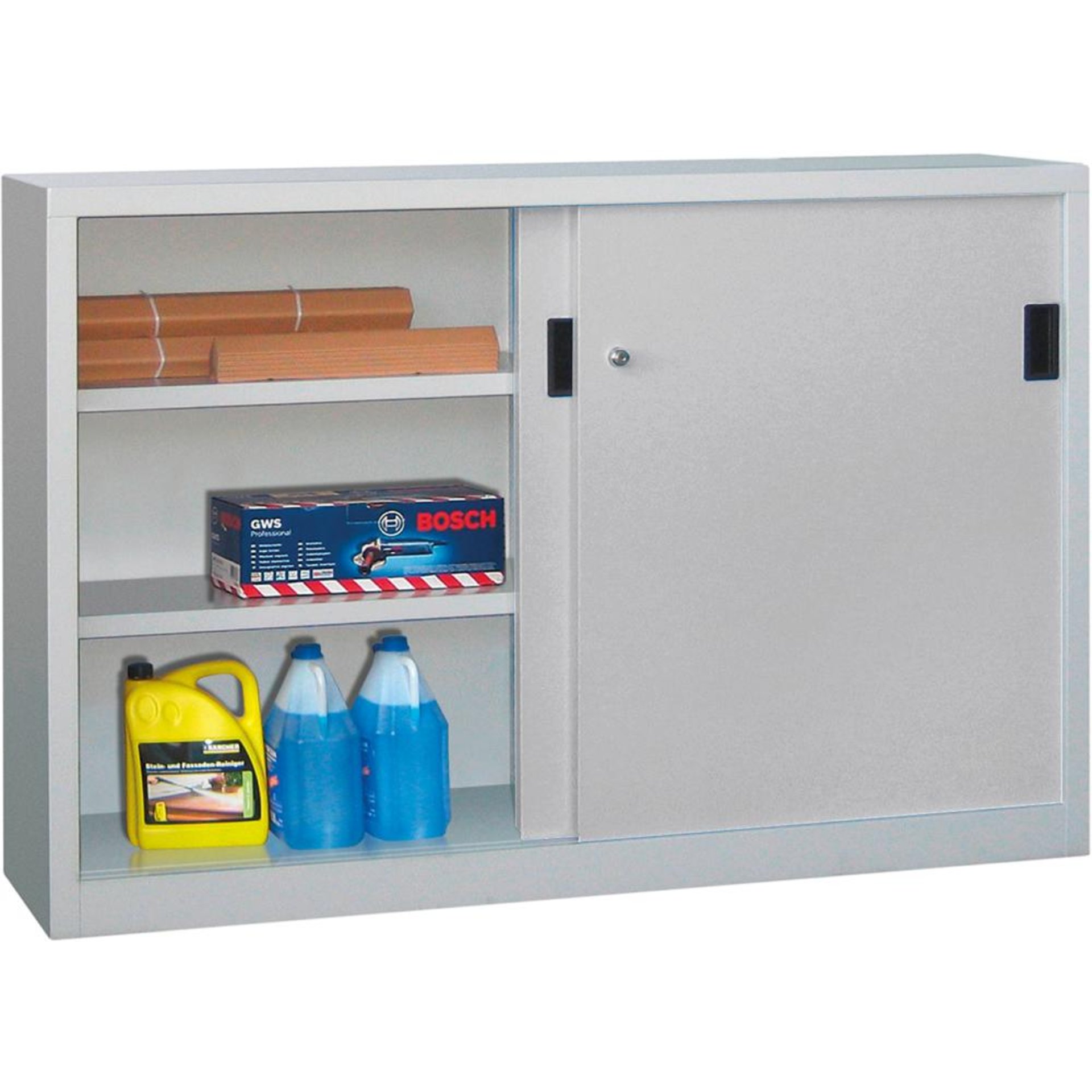 Schwerlastschrank H1000xB1500xT400 mm 4 Böden verz. Mittelwand RAL 7035 Schiebetür