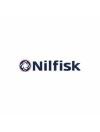 Nilfisk Logo – das Logo zeigt links ein rundes, stilisiertes Symbol in Dunkelblau und Rot, das an ein rotierendes Gebläse oder eine Turbine erinnert. Rechts daneben steht der Markenname „Nilfisk