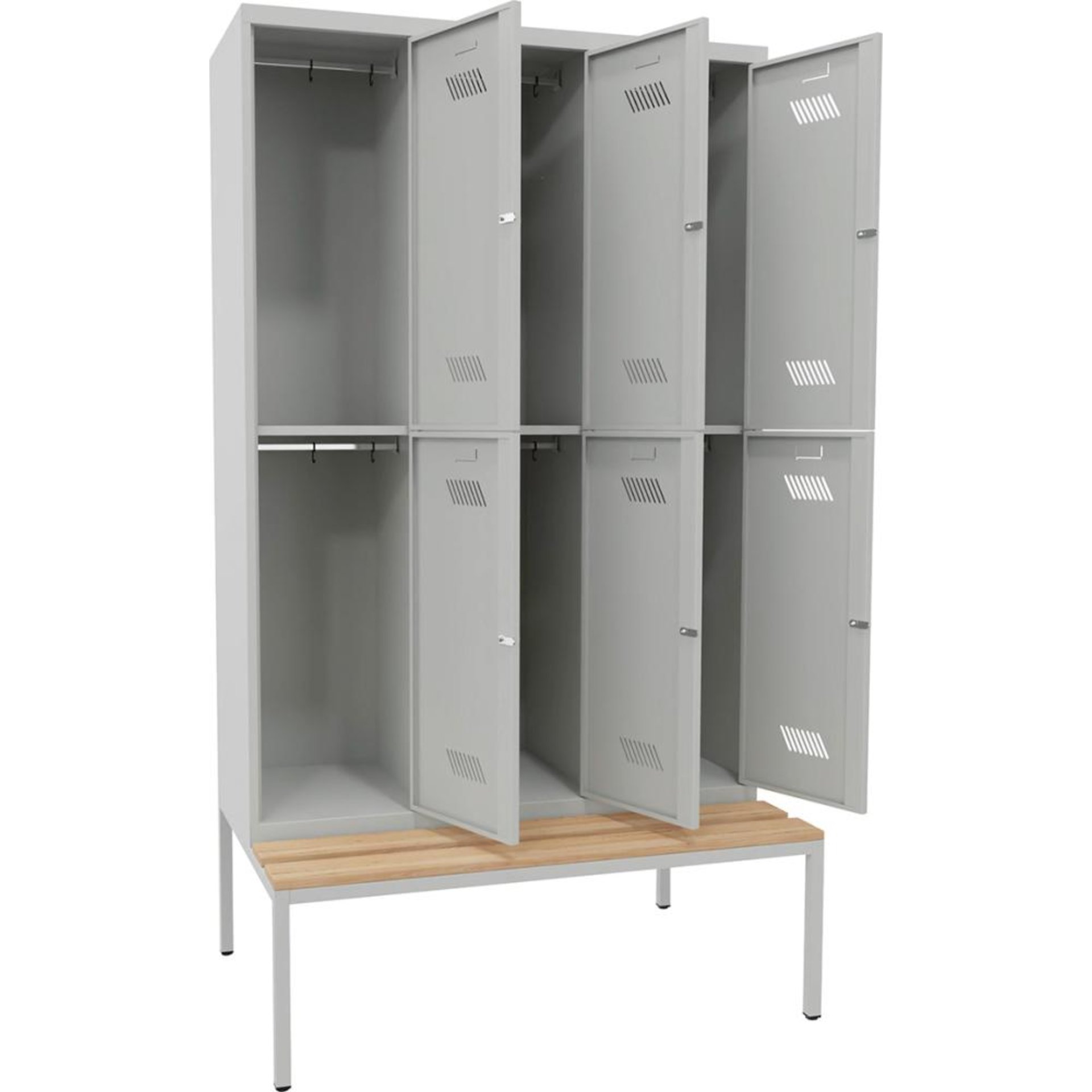 Kleiderschließfachschr. 2 Fächer 3 Abteile 400mm mit Bank RAL 7035 B1200xT500xH2150mm