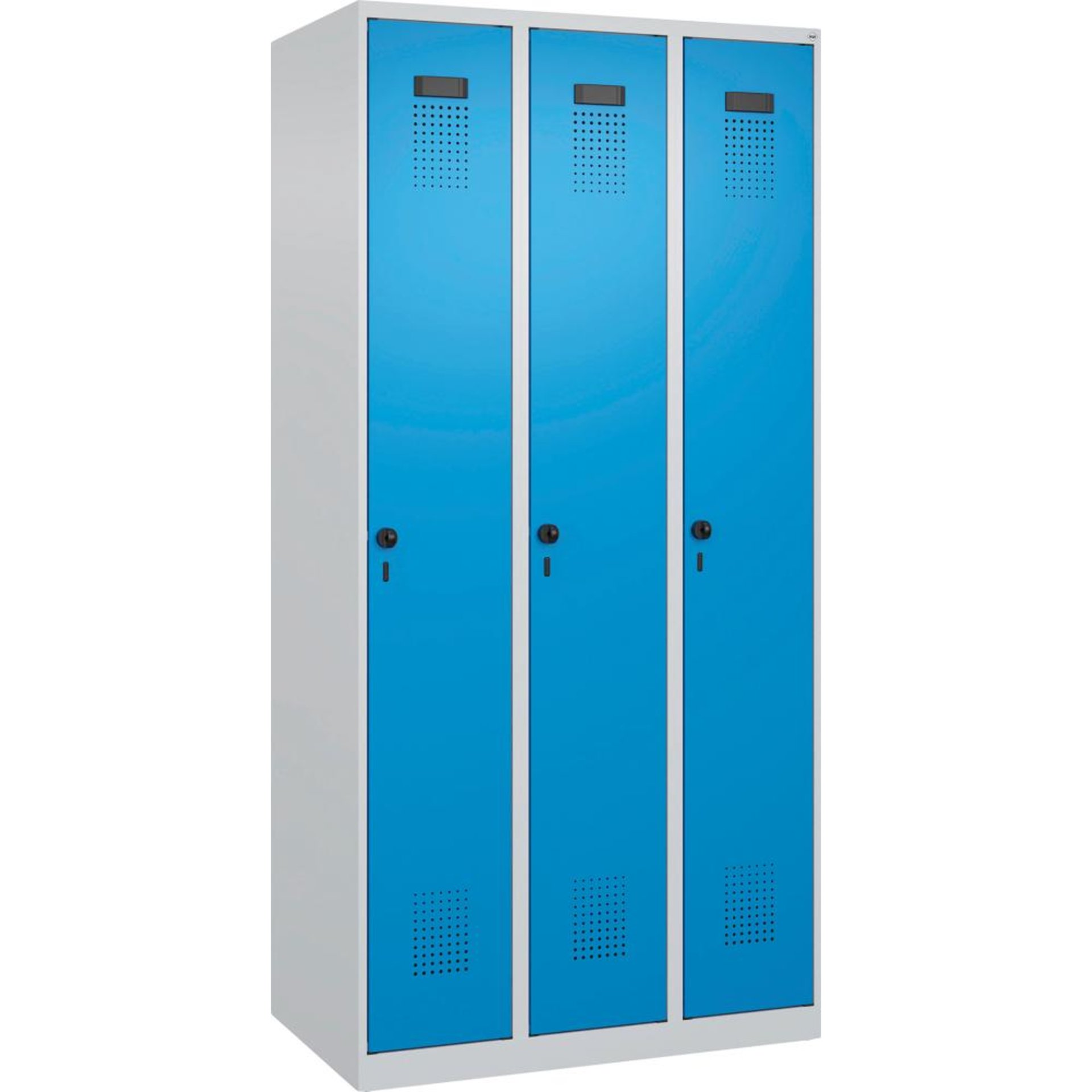 Garderobenschrank EVOLO bodenstehend RAL 7035/5012, 3 Abteile B900xT500xH1850mm