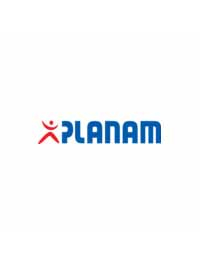 PLANAM Logo – das Logo zeigt links eine stilisierte rote Figur mit ausgestreckten Armen und Beinen, die an ein springendes Männchen erinnert. Rechts daneben steht der Markenname „PLANAM