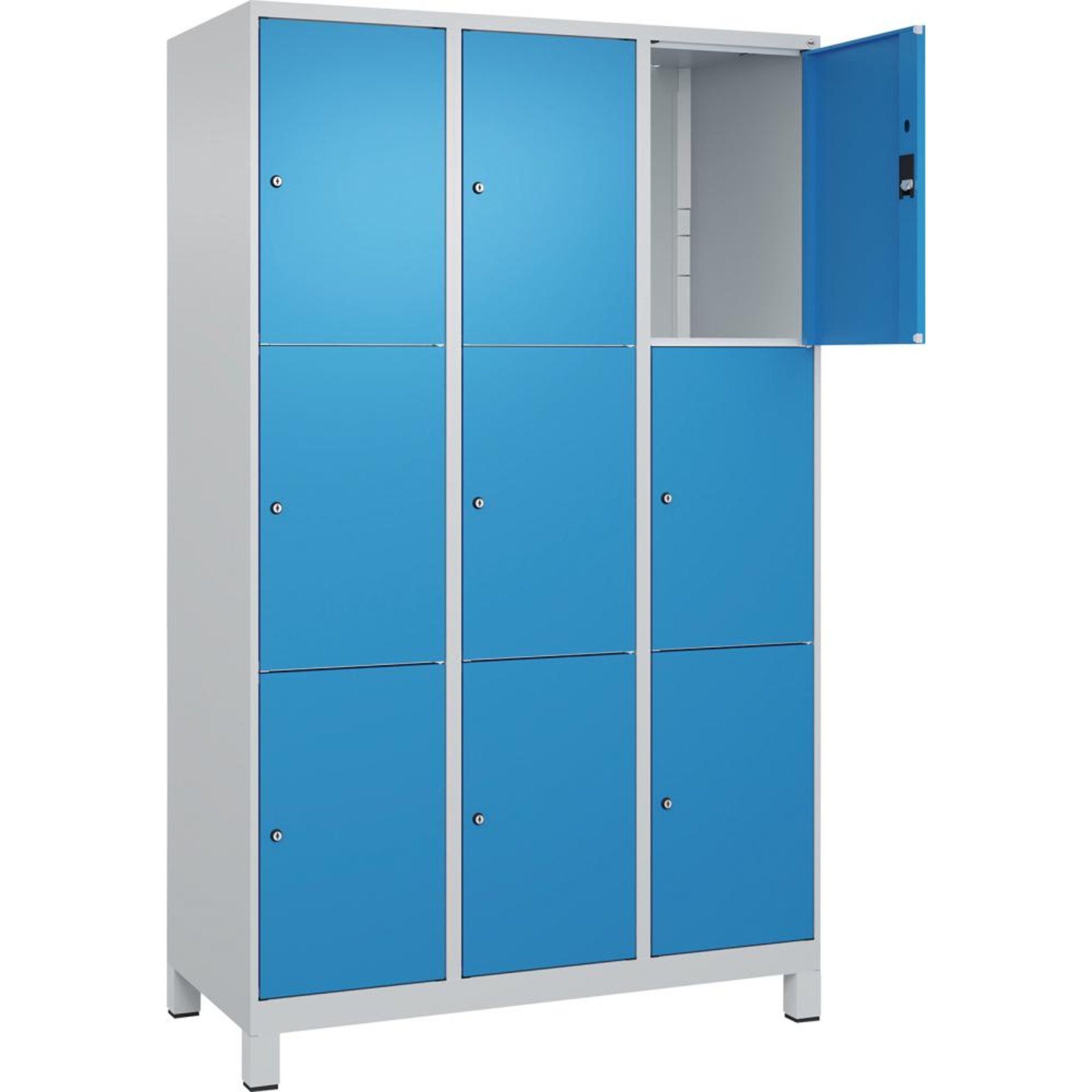 Fächerschrank CLASSIC B1200xT500xH1950 mm RAL 7035/5012, 3x3 Fächermit 100 mm hohen Füßen