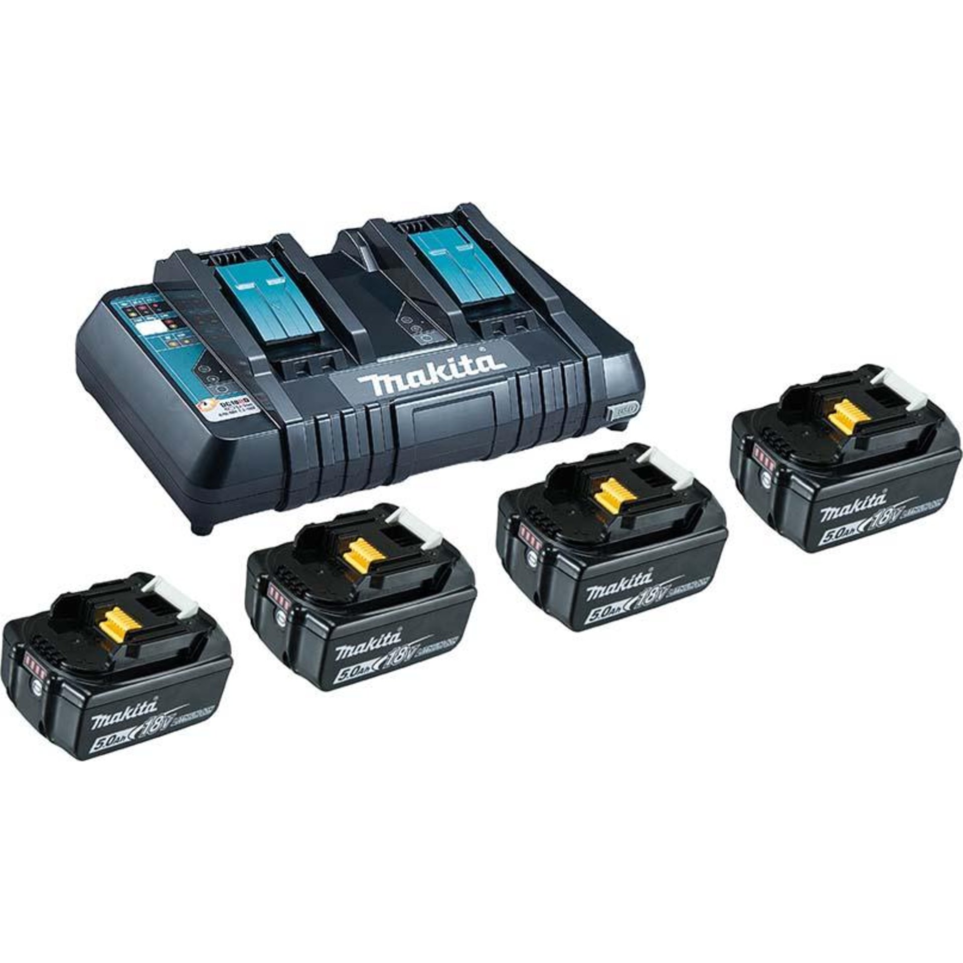Power Source Kit 18,0 V 5,0 Ah Makita 4x18,0V 5,0 Ah Ladegerät DC18RD Karton