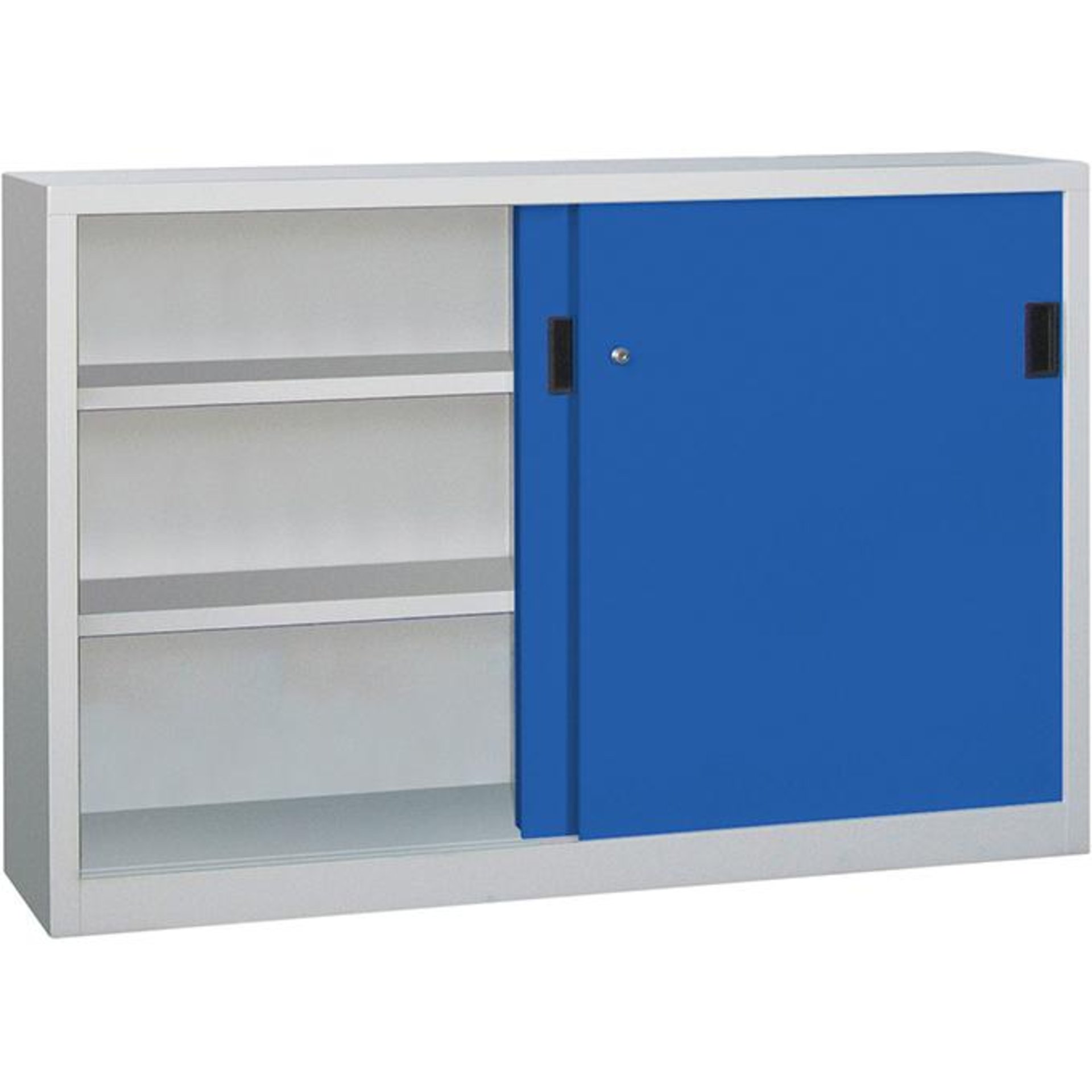 Schwerlastschrank H1000xB1500xT600 mm 4 Böden verz. Mittelwand RAL 7035/5010 Schiebetür