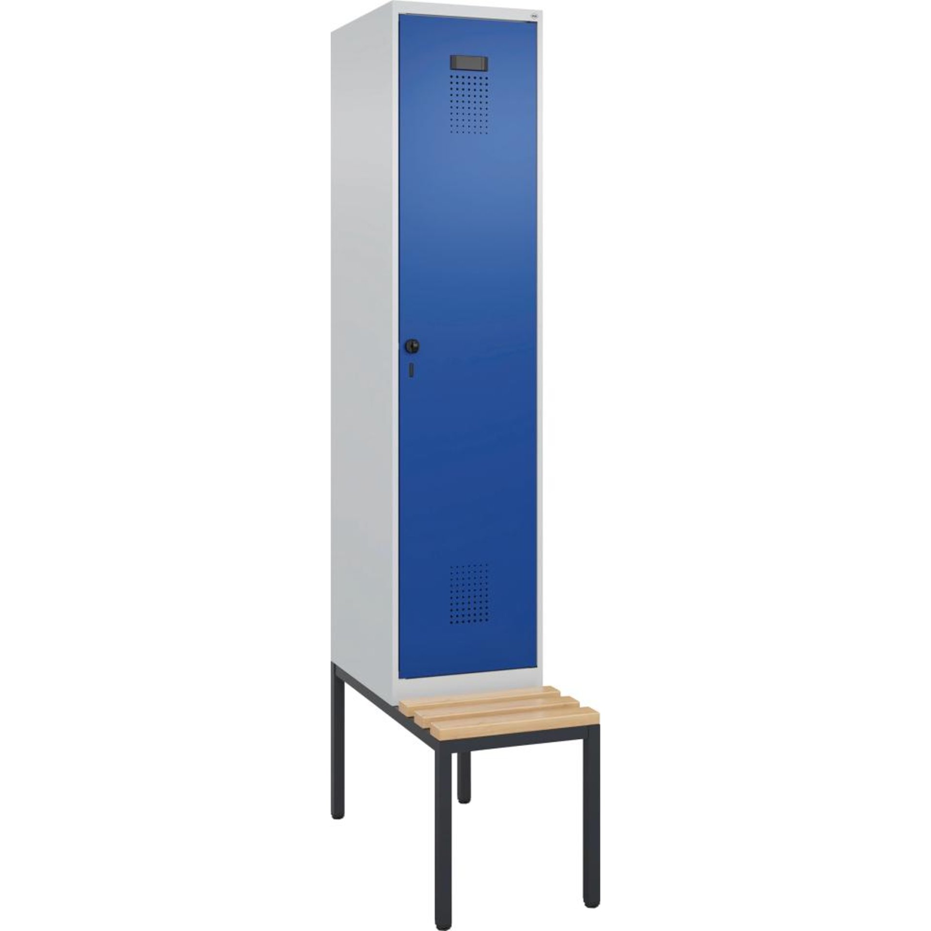 Garderobenschrank EVOLO mit untergeb. Sitzbank RAL 7035/5010, 1 Abteil B400xT500xH2120mm