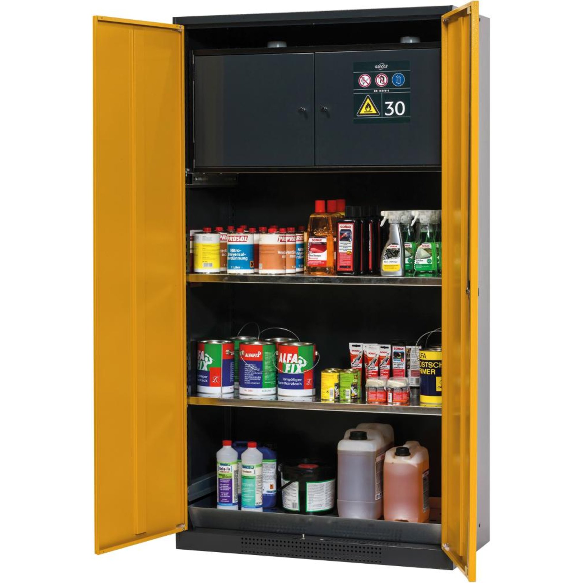 Chemikalienschrank, mit Fachböden und Sicherheitsbox