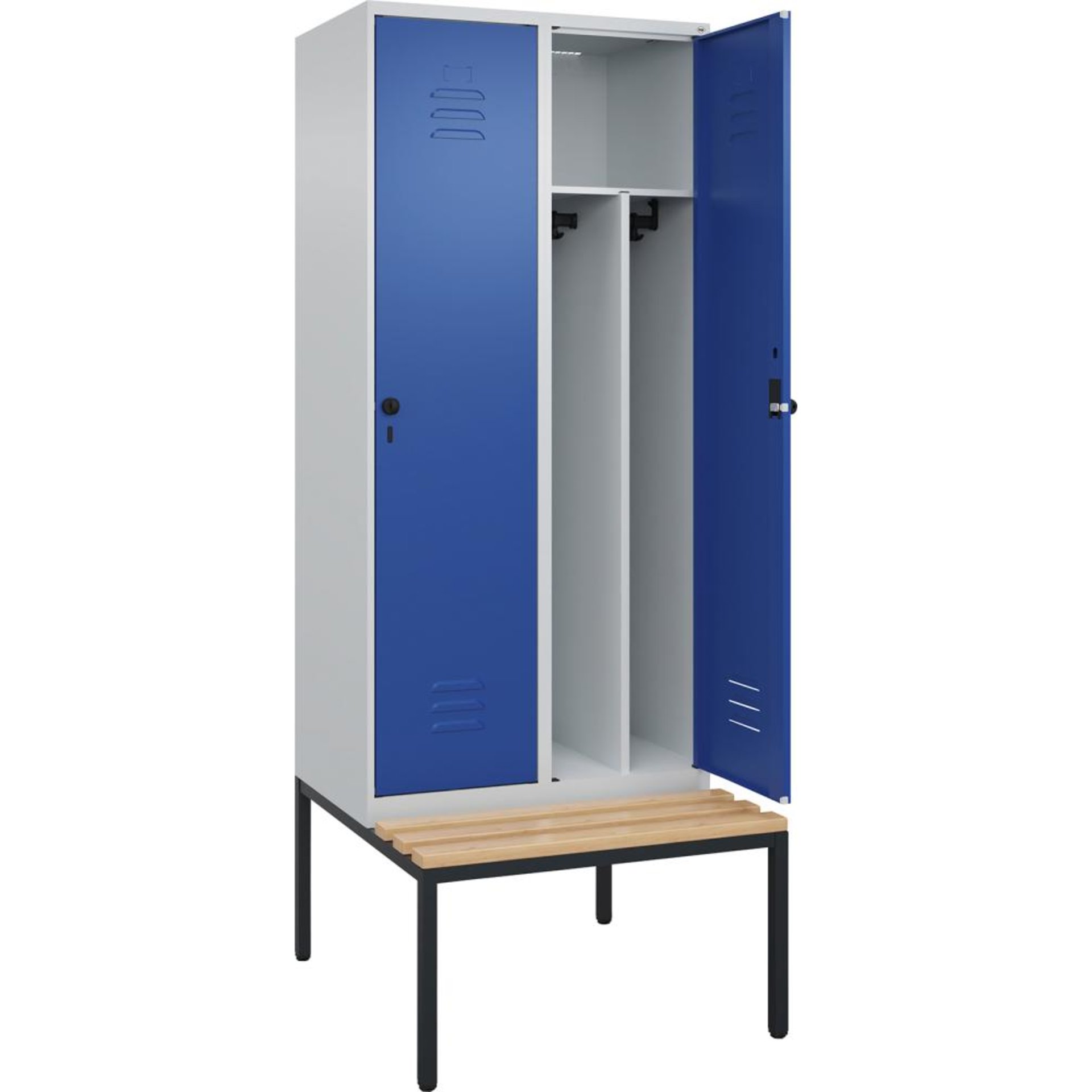 Gard.-Schrank TW CLASSIC B800xT500xH2120 mm RAL 7035/5010, 2 Abteile mit untergeb. Sitzbank