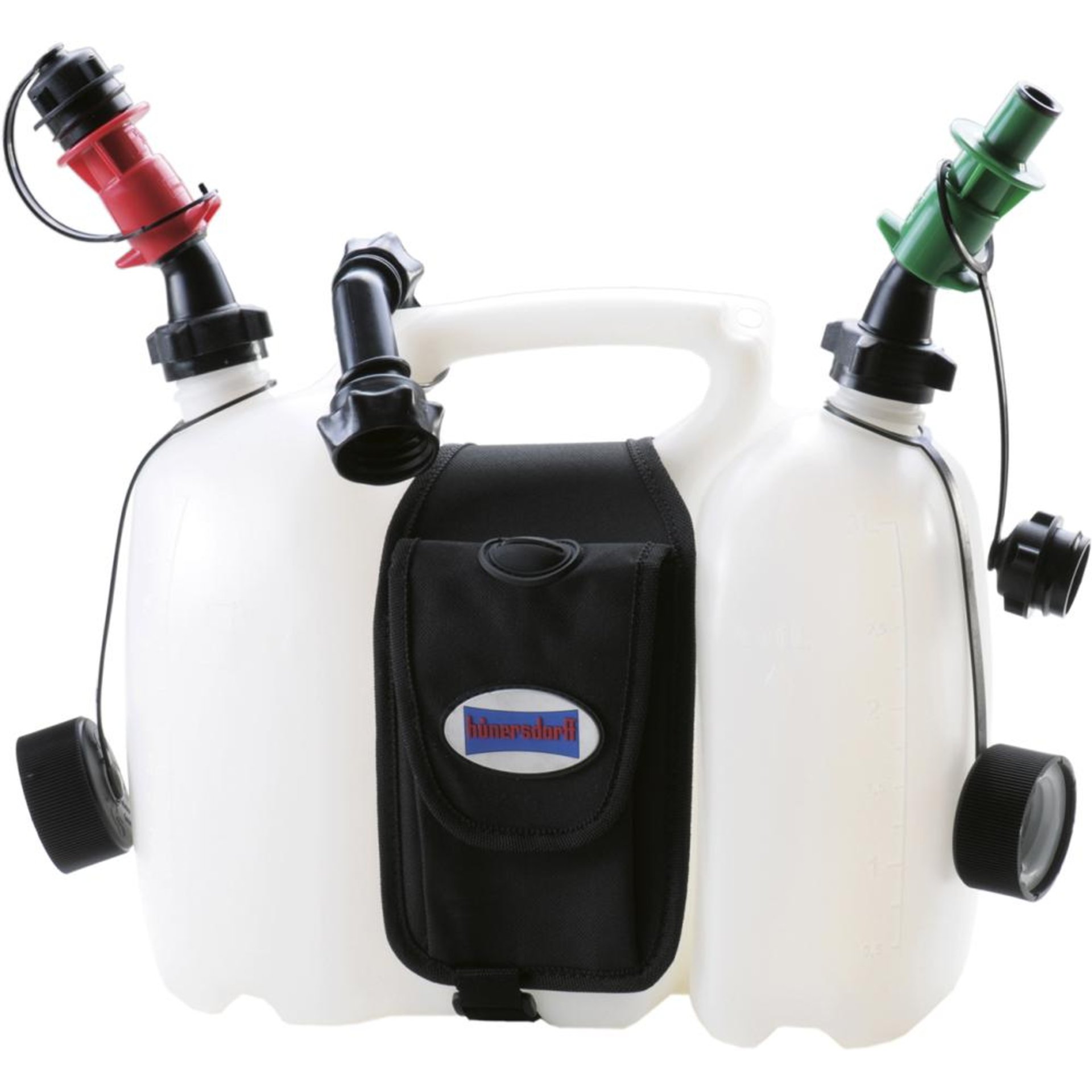 Doppelkanister PROFI 6+3lHD-PE, natur mit Satteltasche & Einfüllsysteme