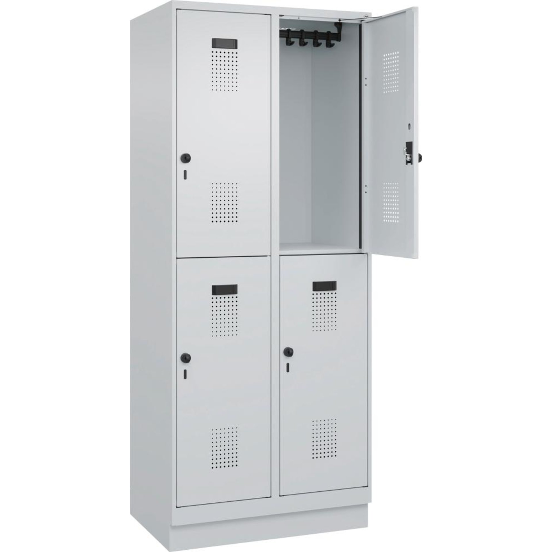 Doppelst. Schrank EVOLO mit 100 mm hohem Sockel RAL7035/7035, 2x2Abteile B800xT500xH1950mm