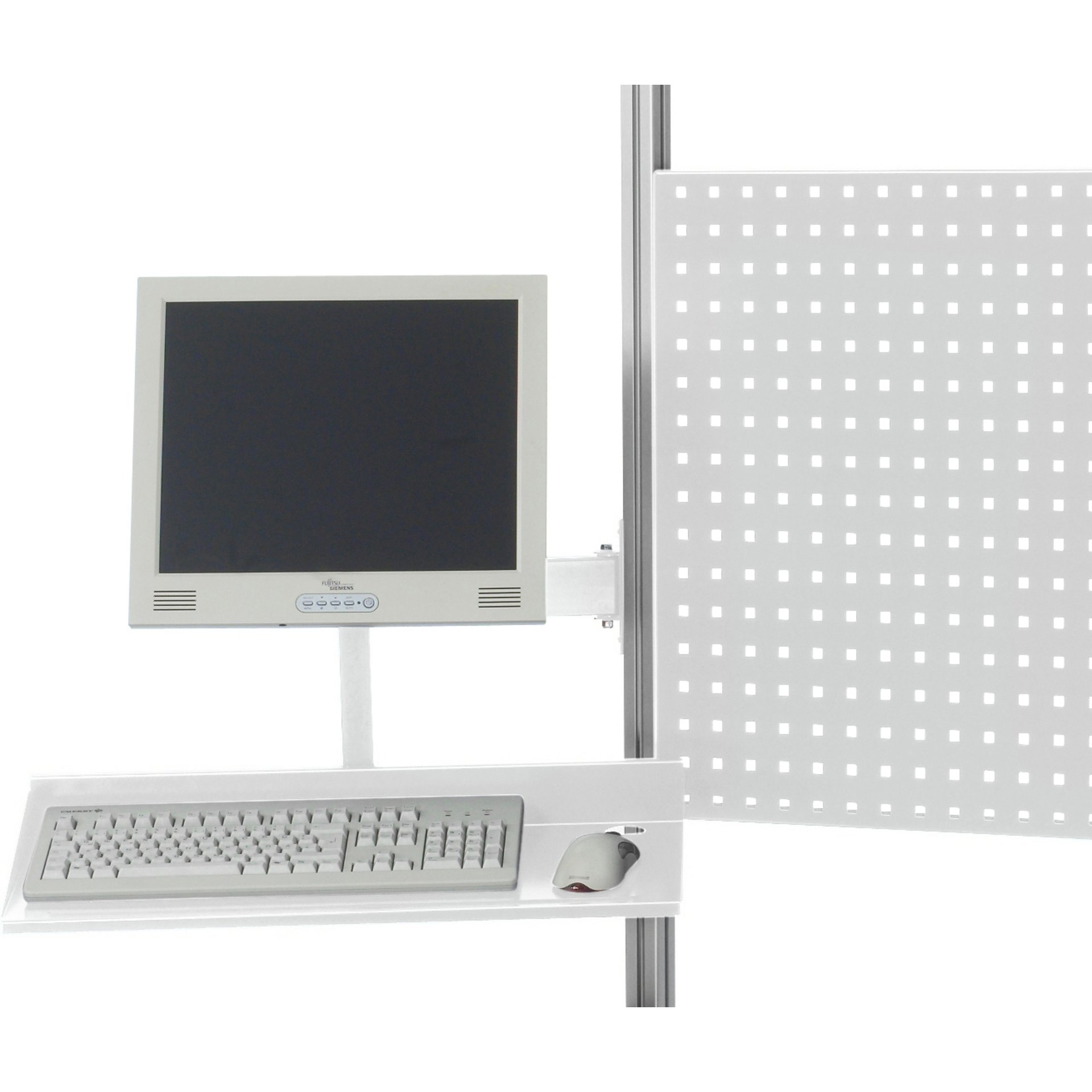 Schwenkarm (2 Gelenke) für Flachbildschirm (VESA-75/100), inkl. Tablar, RAL7035