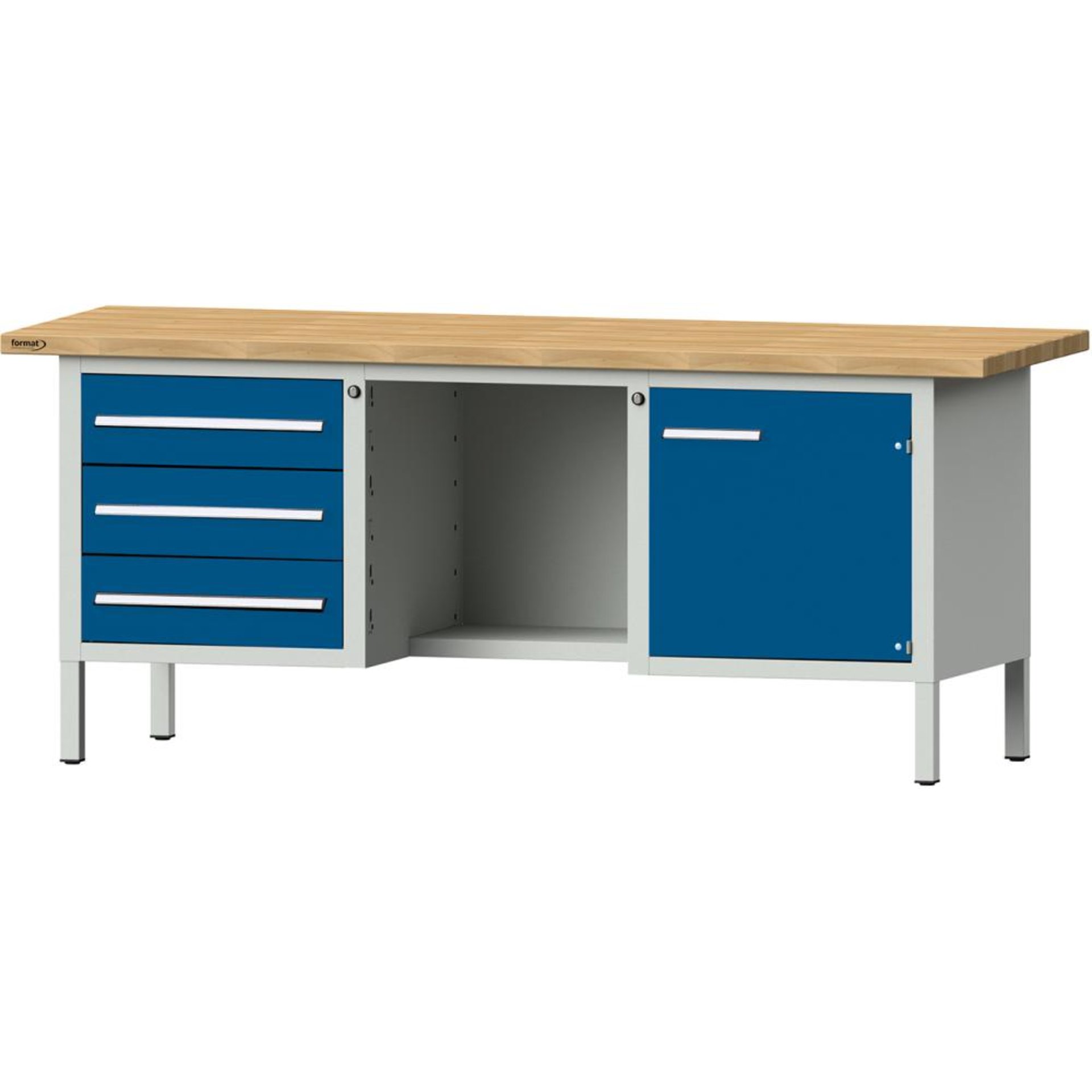 Format Kastenwerkbank B2000xT700xH840mm RAL 7035/5010 BMP: 40 mm 3 Schubladen, 1 Tür