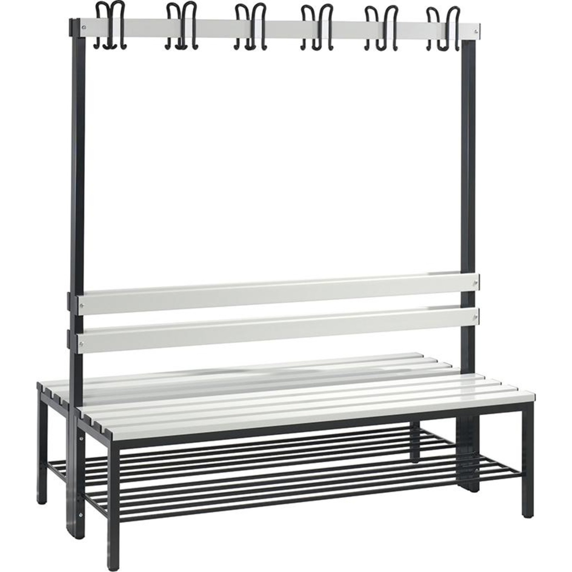 Garderobenbank doppels. B1500xT756xH1710 mm RAL 7021/Kst.-Leisten mit Schuhrost, 4 Füße CP