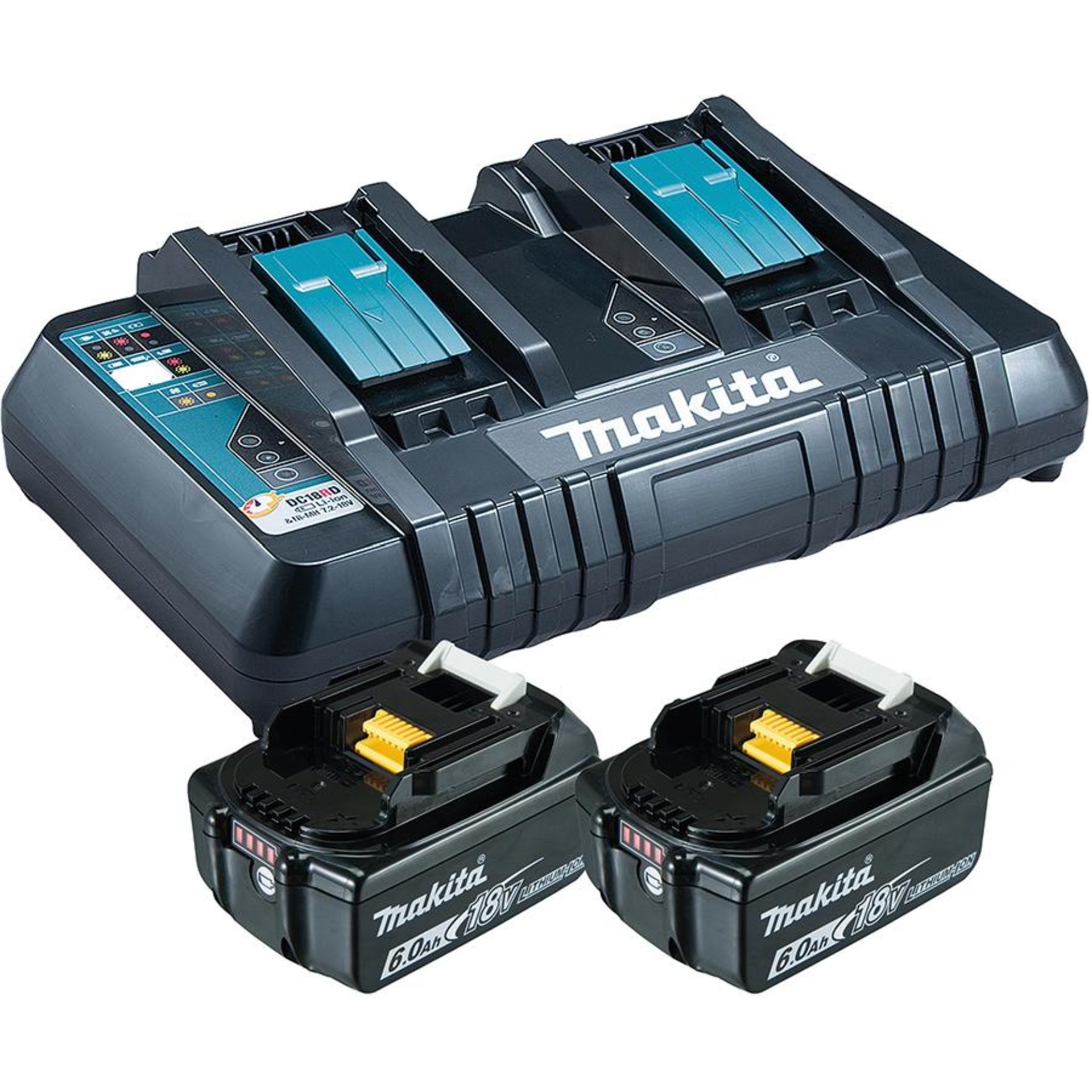 Power Source Kit 18,0 V 6,0 Ah Makita 2x18,0V 6,0 Ah Ladegerät DC18RD Karton