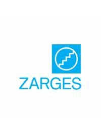ZARGES Logo - das Logo ist hellblau auf weißem Hintergrund. Es zeigt oben links einen Kreis, auf dem das Pikotgram, welches an eine Treppe erinnert, platziert ist. Darunter steht in Großbuchstaben der Markenname ZARGES