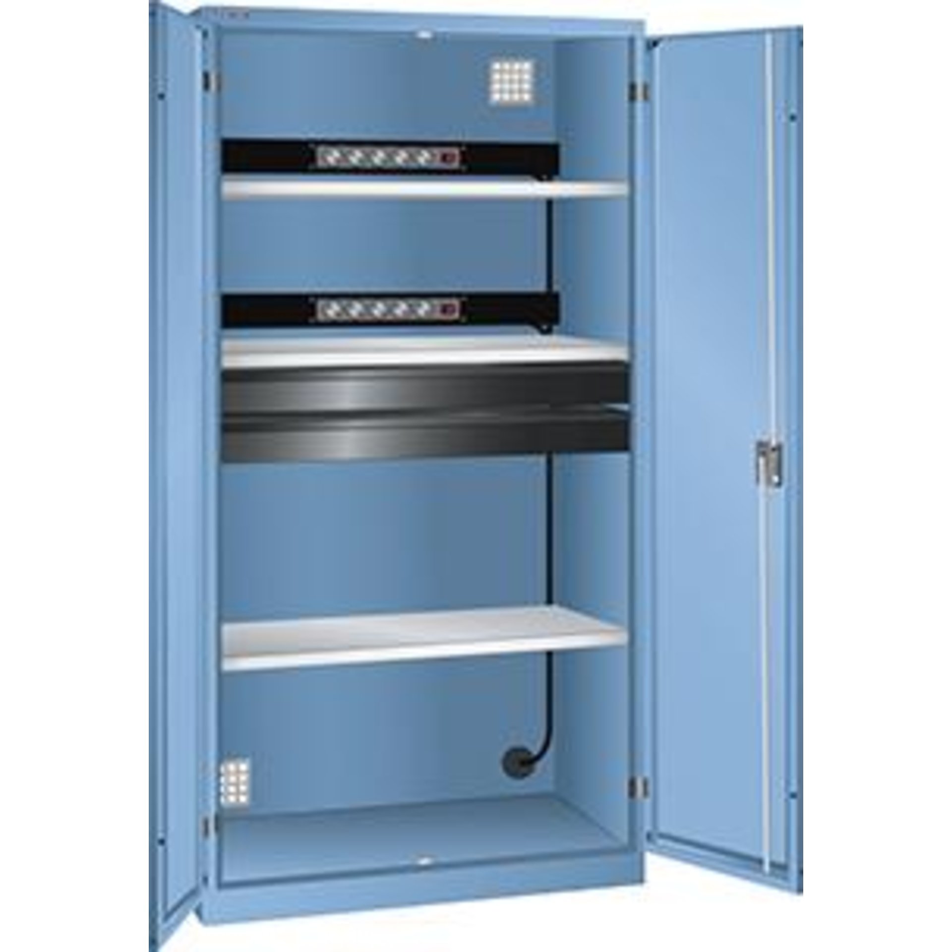 Akku-Ladeschrank B1000xT580xH1950mm RAL 5012,Vollblechtür 2x5-fach Leiste,4Böden