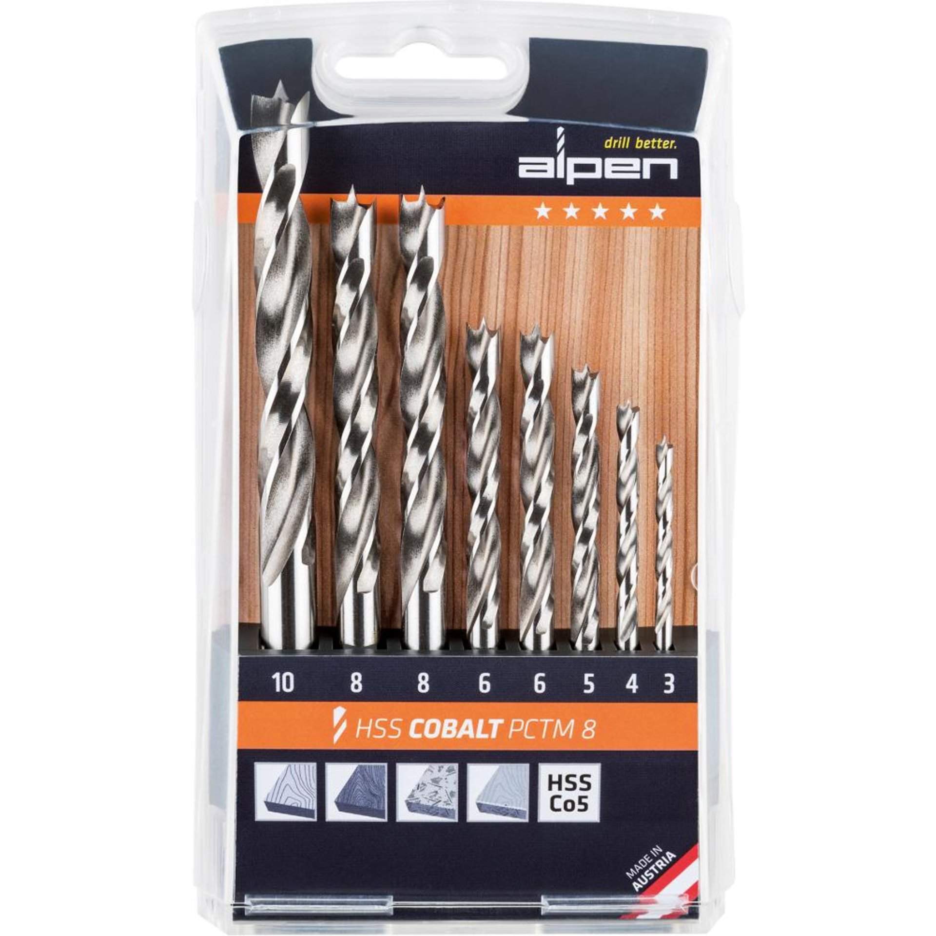 Holzspiralbohrer-Satz PCTM 8-tlg. HSS-Co5 D.3/4/5/2x6/2x8/10mm ALPEN