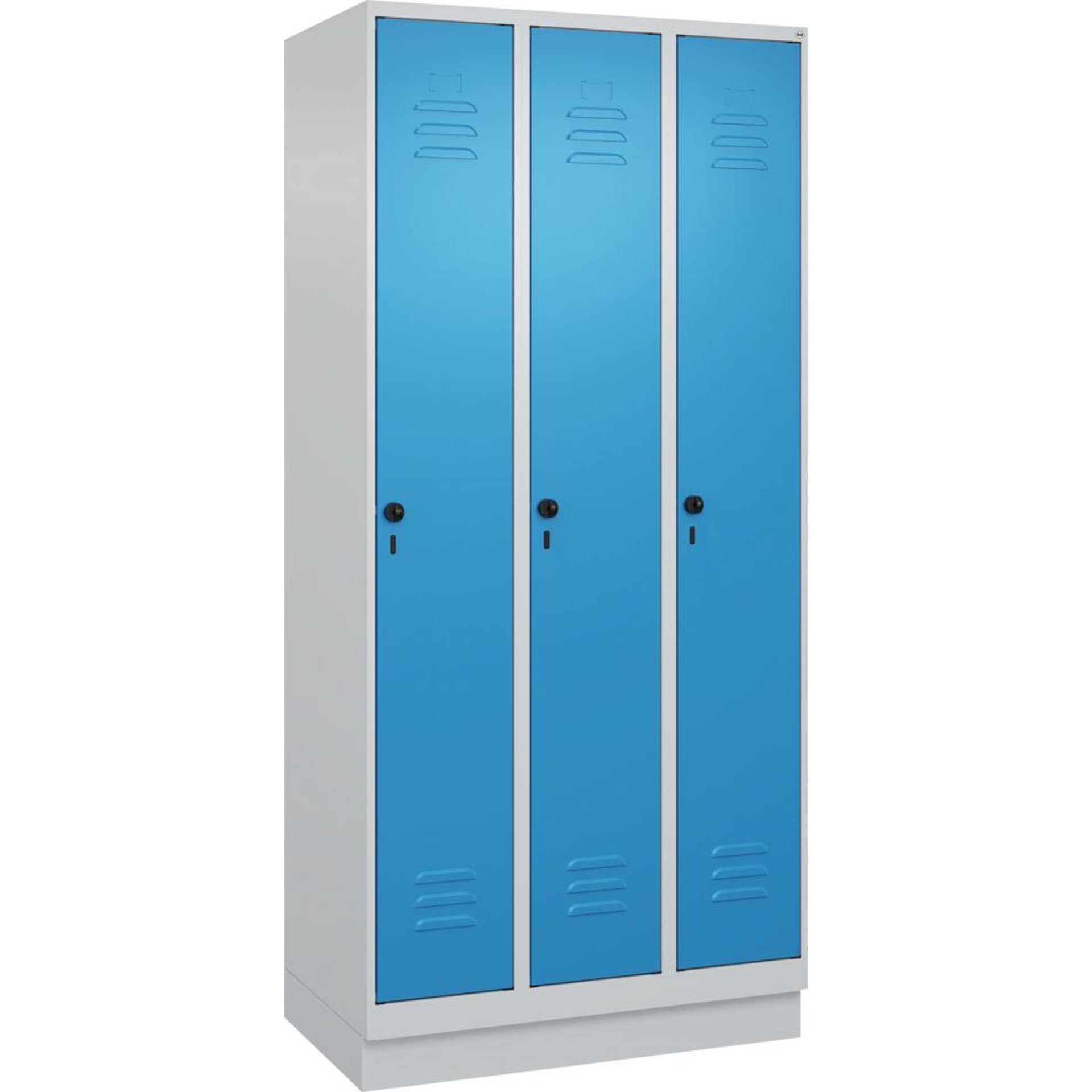 Gard.-Schrank TW CLASSIC B900xT500xH1950 mm RAL 7035/5012, 3 Abteile mit 100 mm hohem Sockel