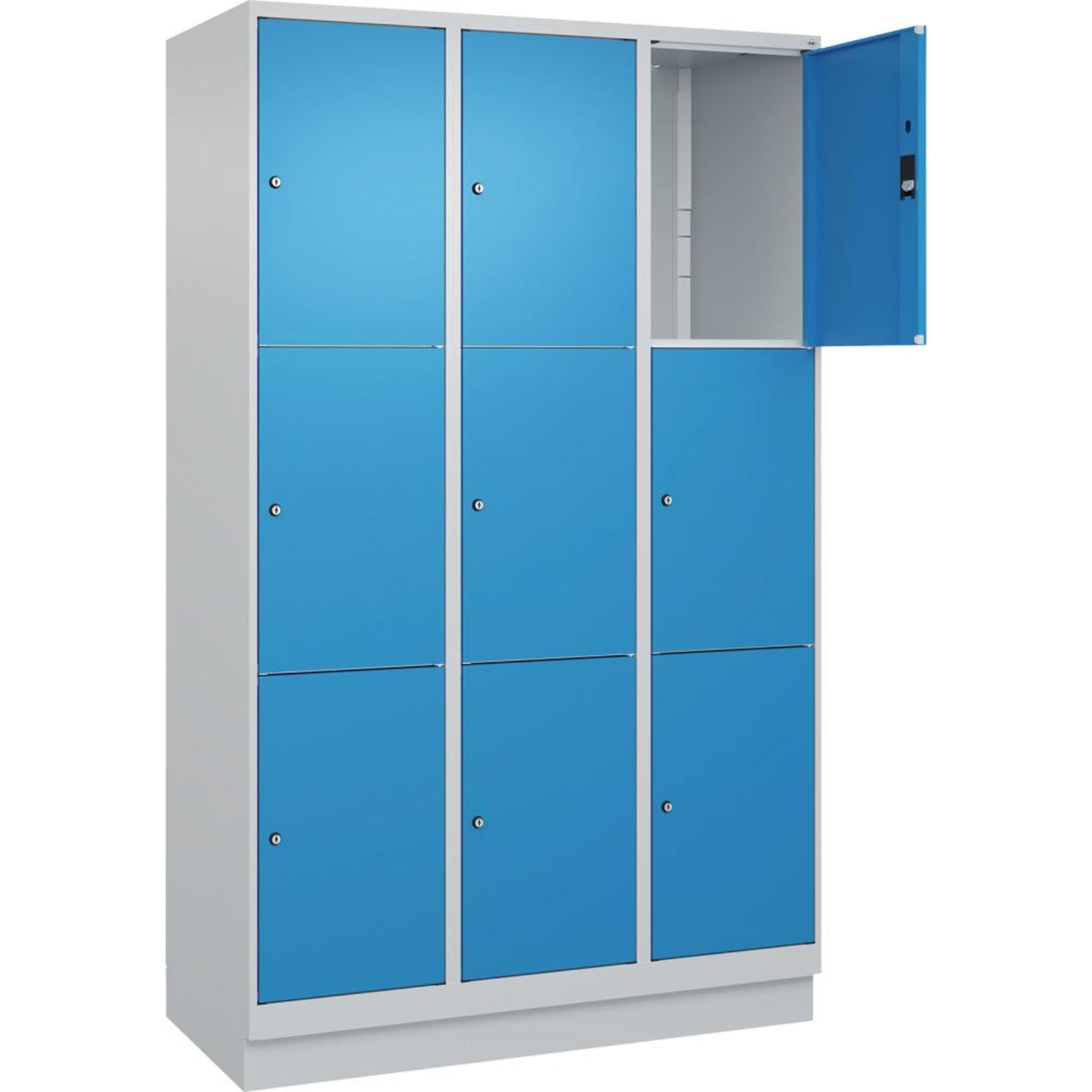 Fächerschrank CLASSIC B1200xT500xH1950 mm RAL 7035/5012, 3x3 Fächermit 100 mm hohem Sockel