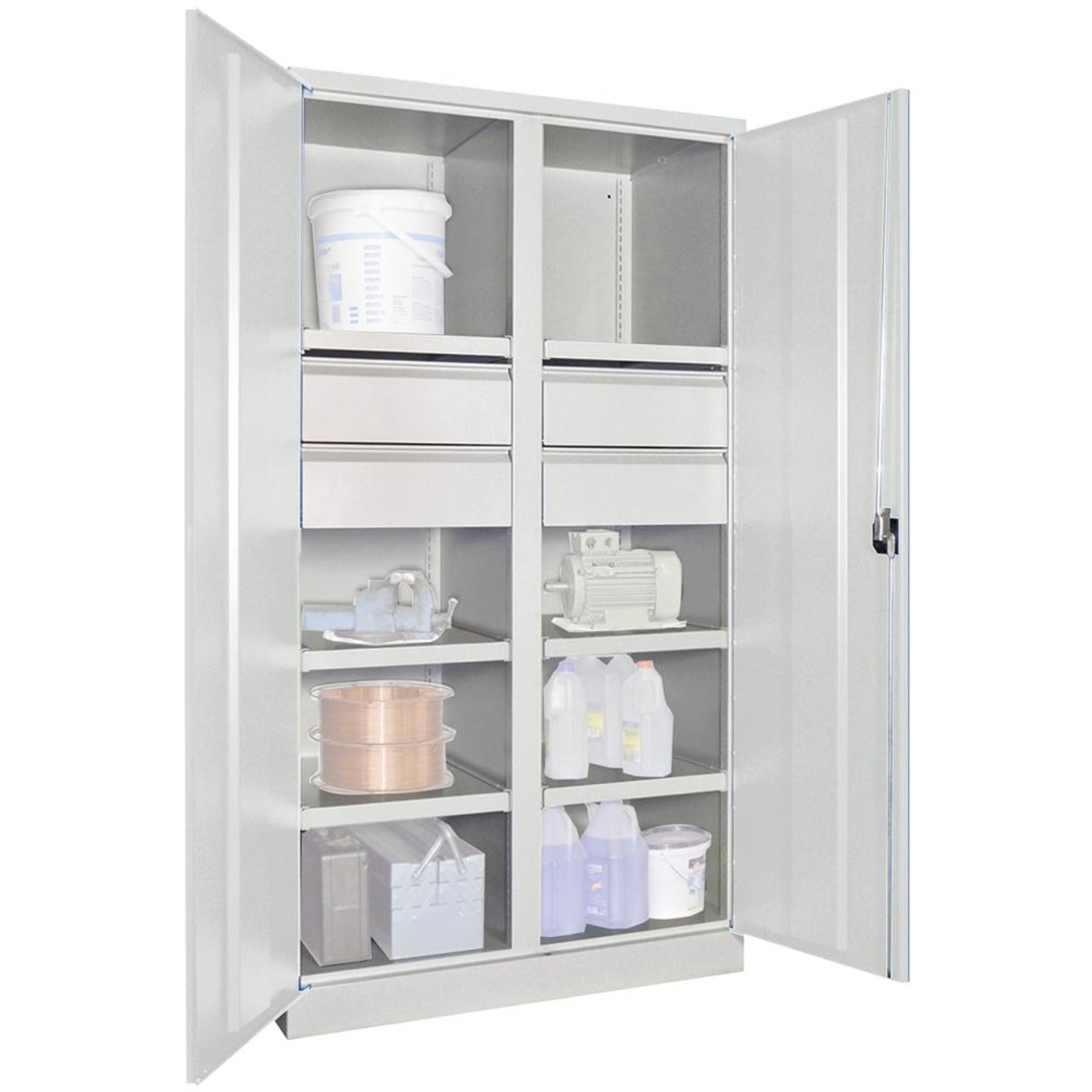 Schwerlastschrank m.TürenH1950xB1040xT630 mm 6 FB, SL 4 x FH 175 mm RAL 7035 Mittelwand