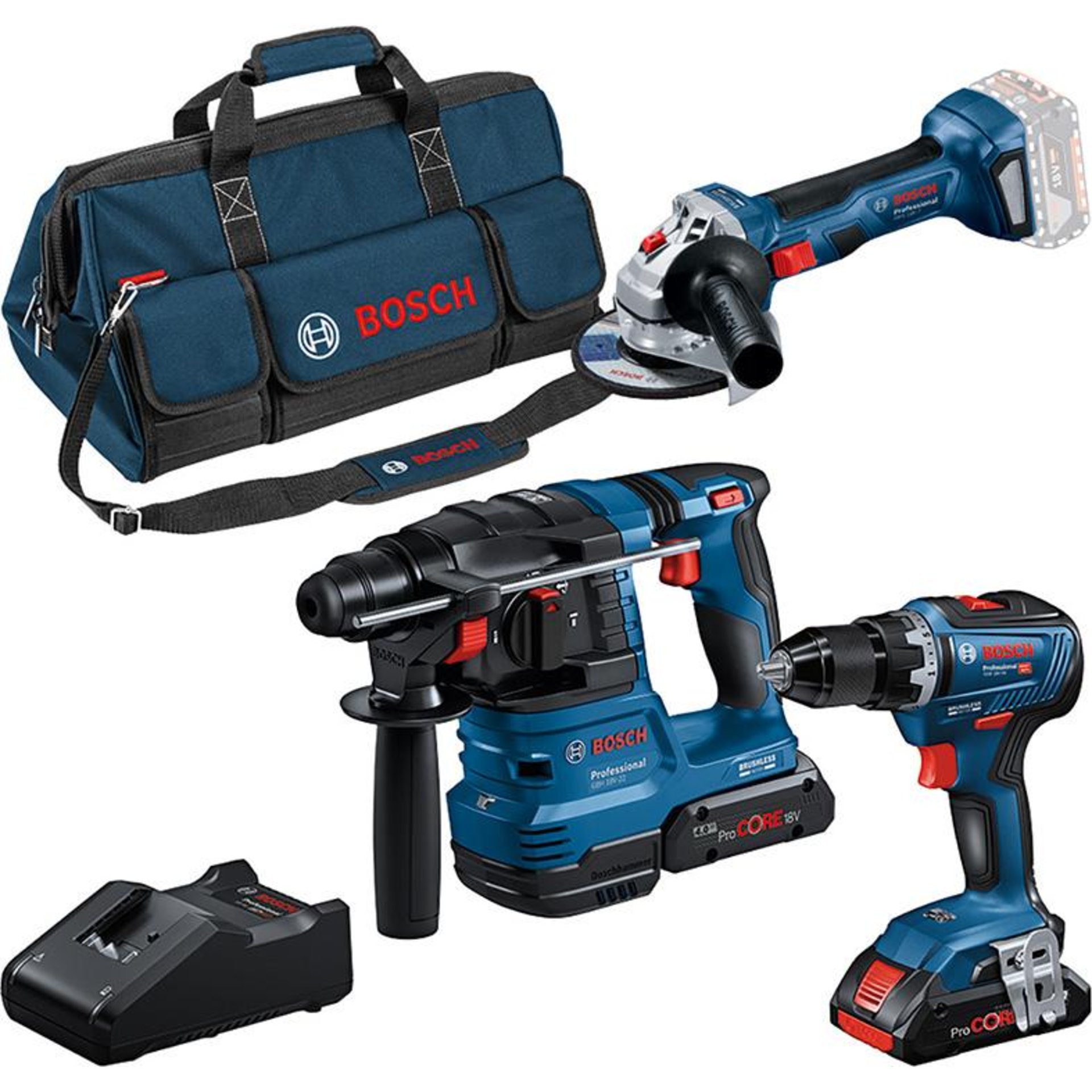 3 Tool Akku Set GSR+GWS+GBH 2x18,0 V 4,0 Ah Ladegerät 18V-40, Tasche