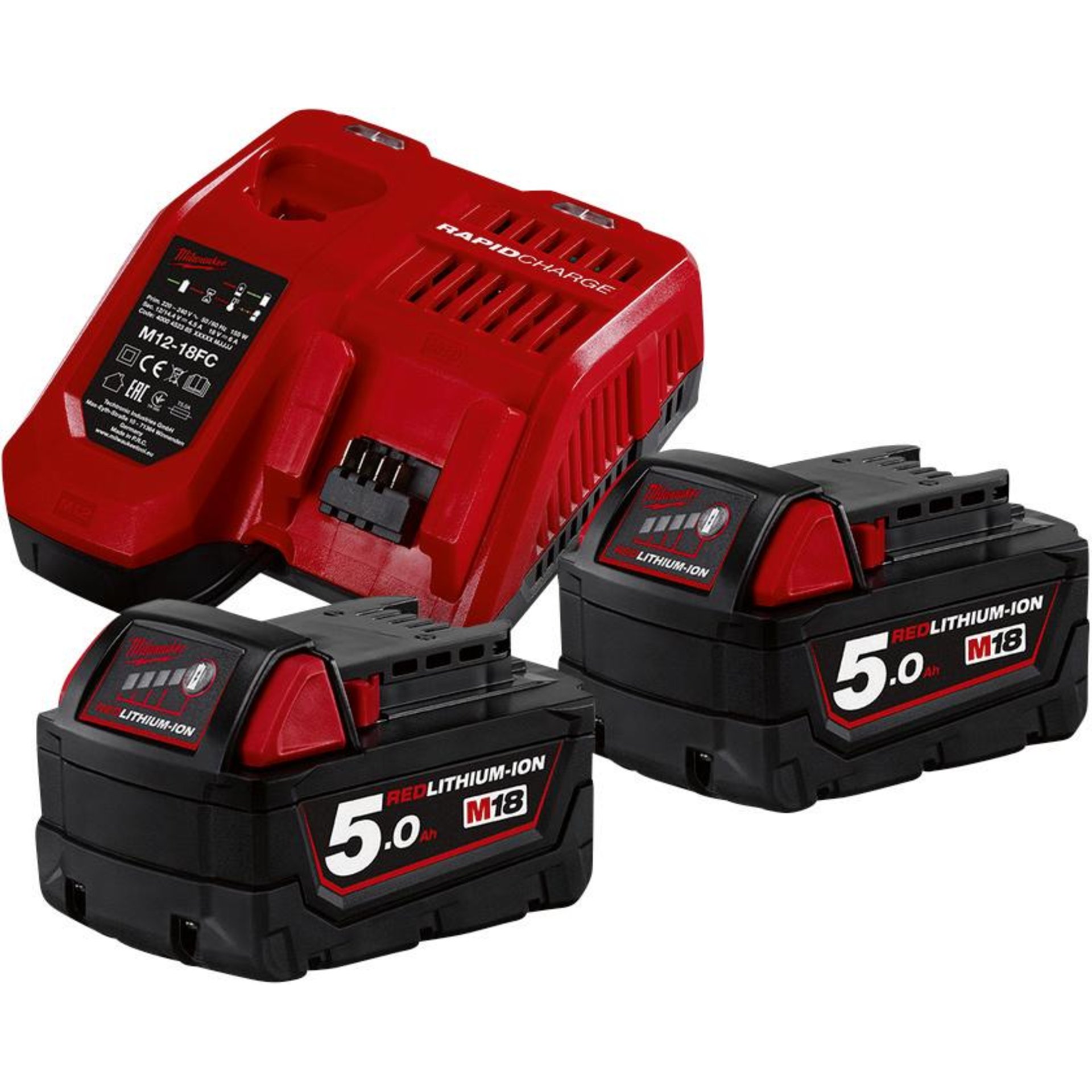Akku-Starter Set M18 NRG-502 Milwaukee 2x18,0 V 5,0 Ah Ladegerät M12-18FC Karton