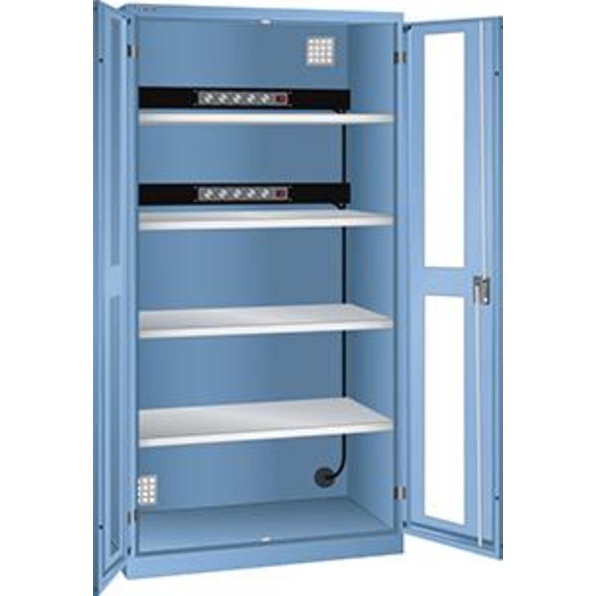 Akku-Ladeschrank B1000xT580xH1950mm RAL 5012,Sichtfenstertür 2x5-fach Leiste,4Böden