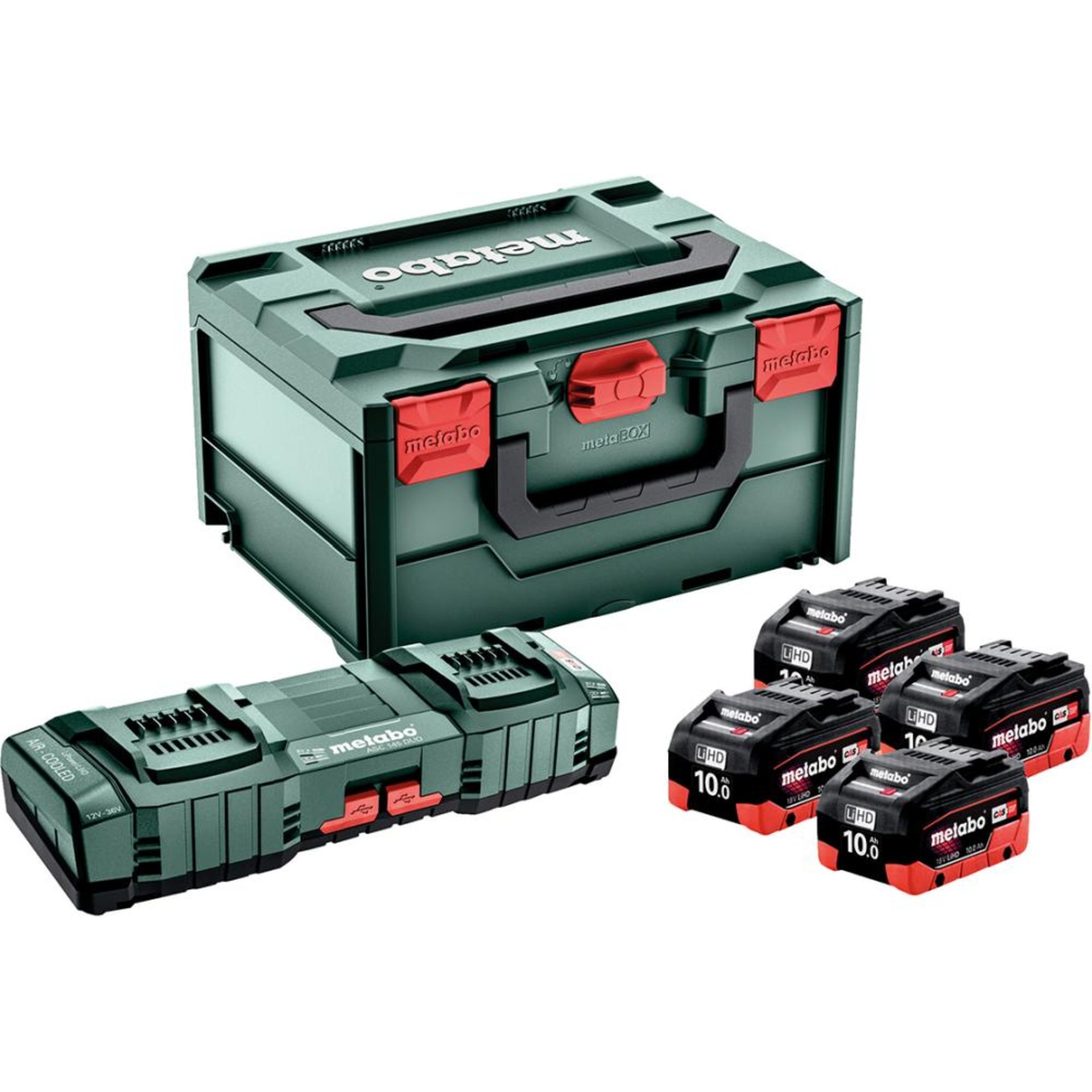 Akku Basis-Set LiHD 18,0VMetabo 4x18,0V 10,0 Ah Ladegerät ASC 145 metaBOX
