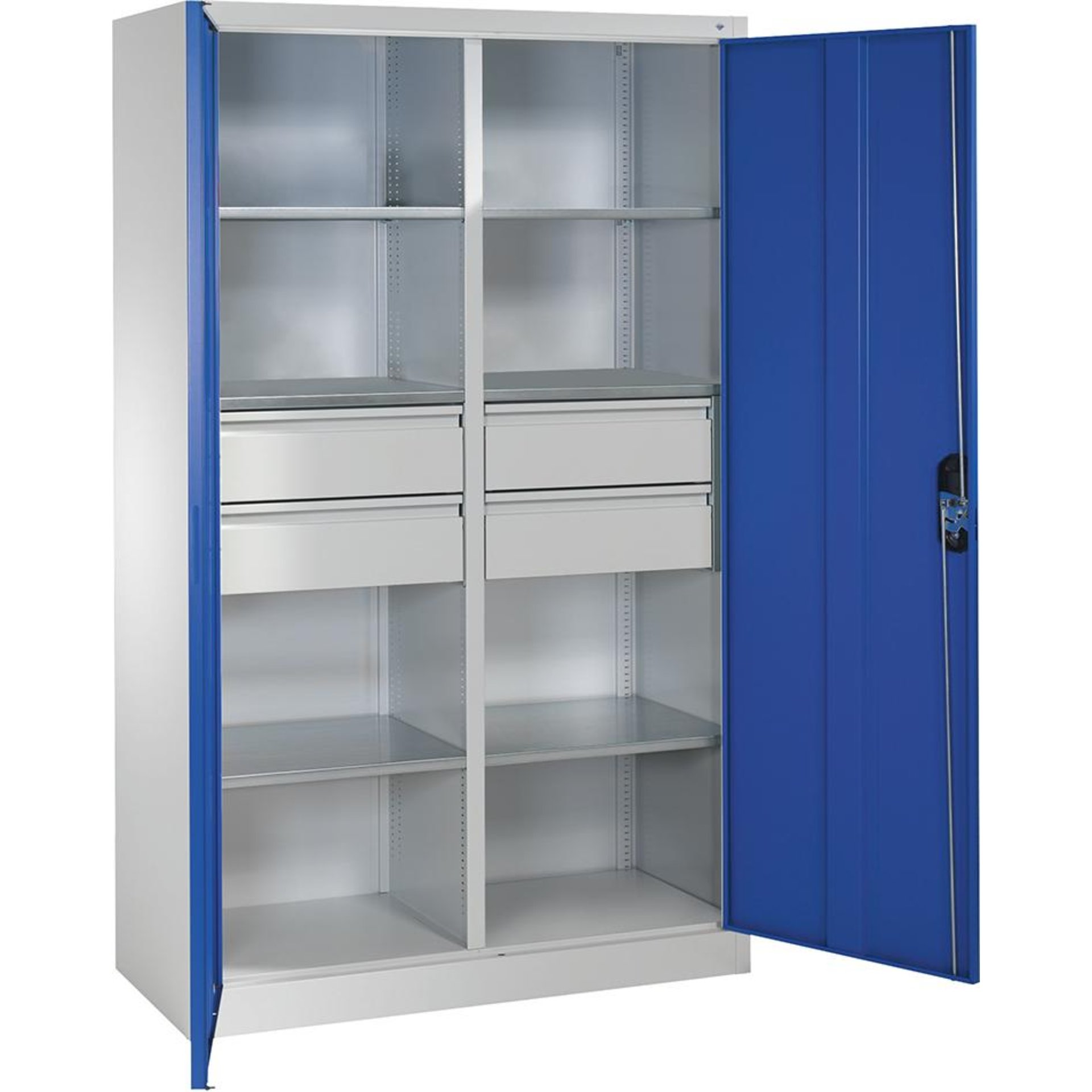 Flügeltürenschrank B1200xT500xH1950 mm RAL7035/5010,4Schubladen mit Trennwand,6Fachböden