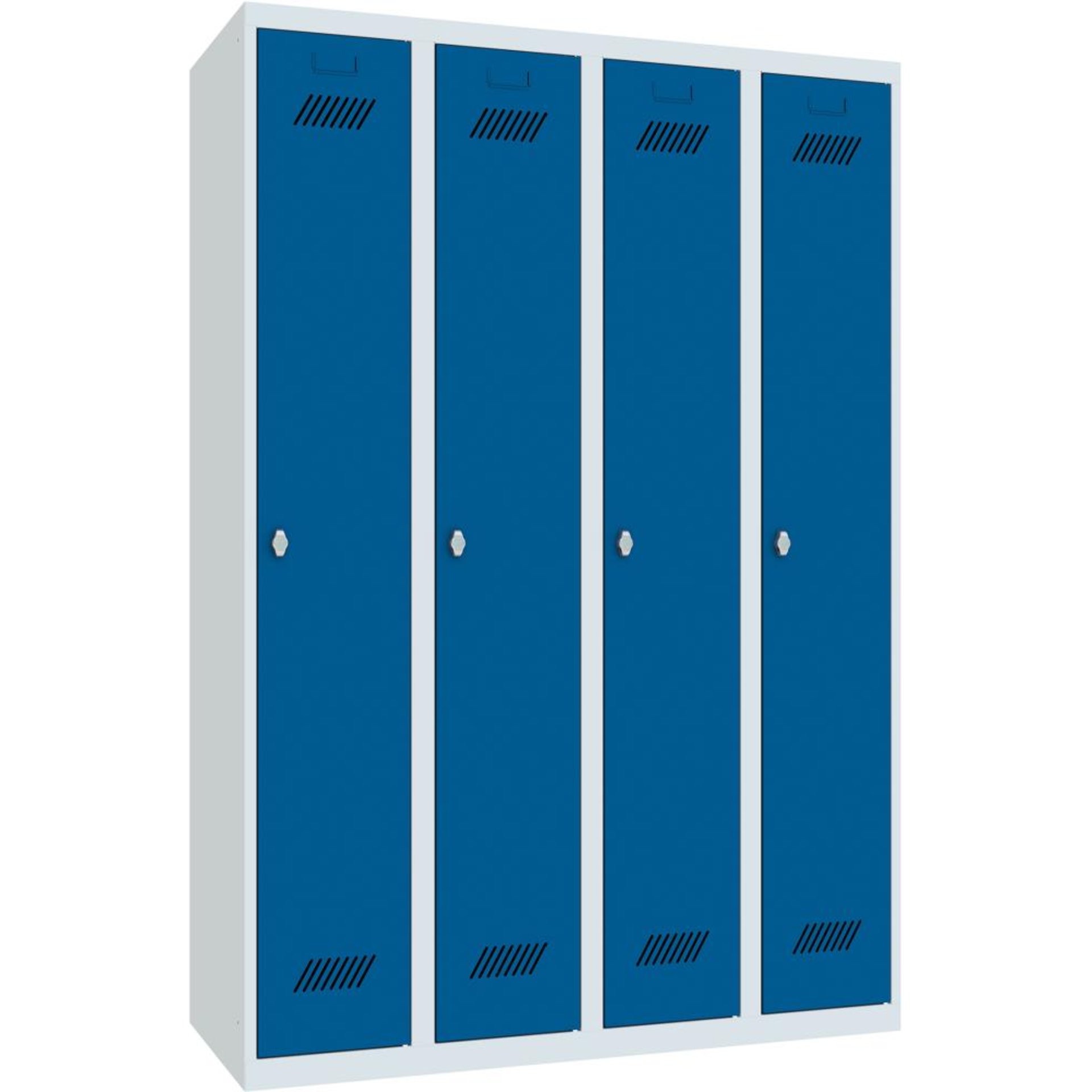 Kleiderschrank m. Sockel 4 Abteile, 300mm Drehriegel RAL 7035/5010 B1200xT500xH1750mm