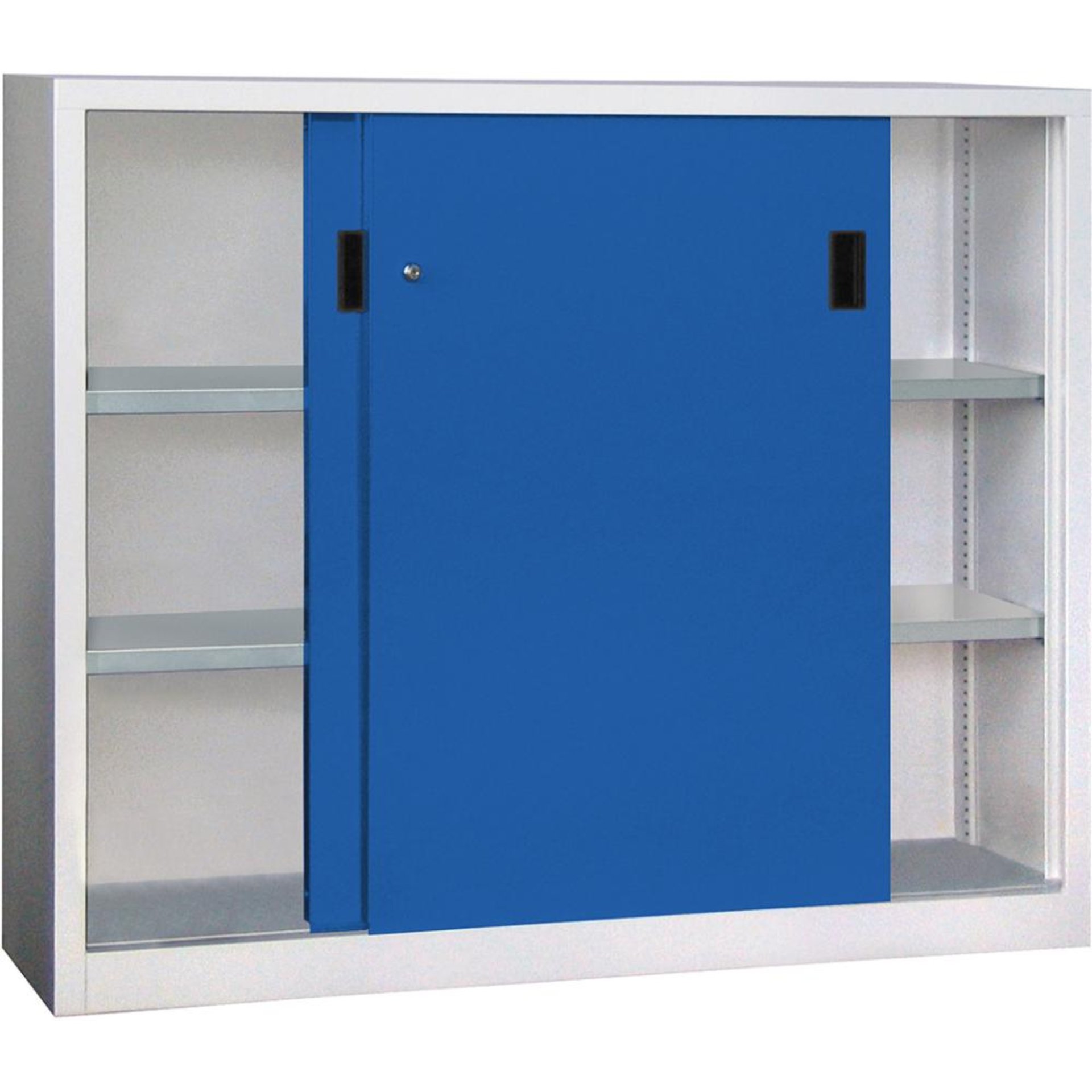 Schwerlastschrank H1200xB1500xT400 mm 4 Böden verz. Mittelwand RAL 7035/5010 Schiebetür