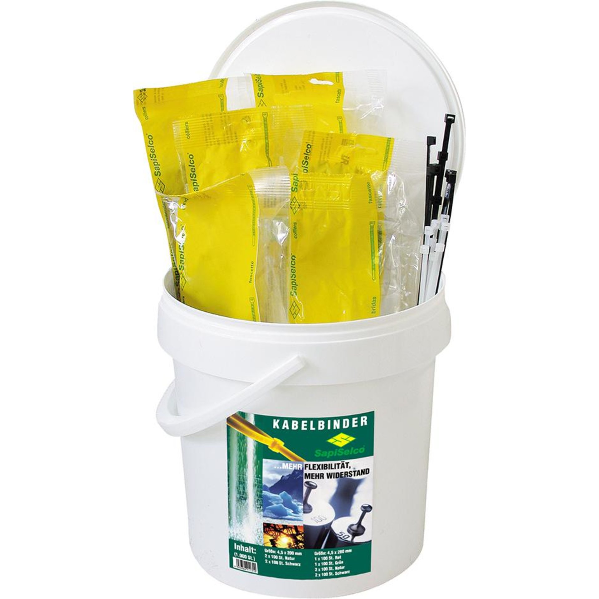 Kabelbinder-Sortiment im Kunststoff-Eimer