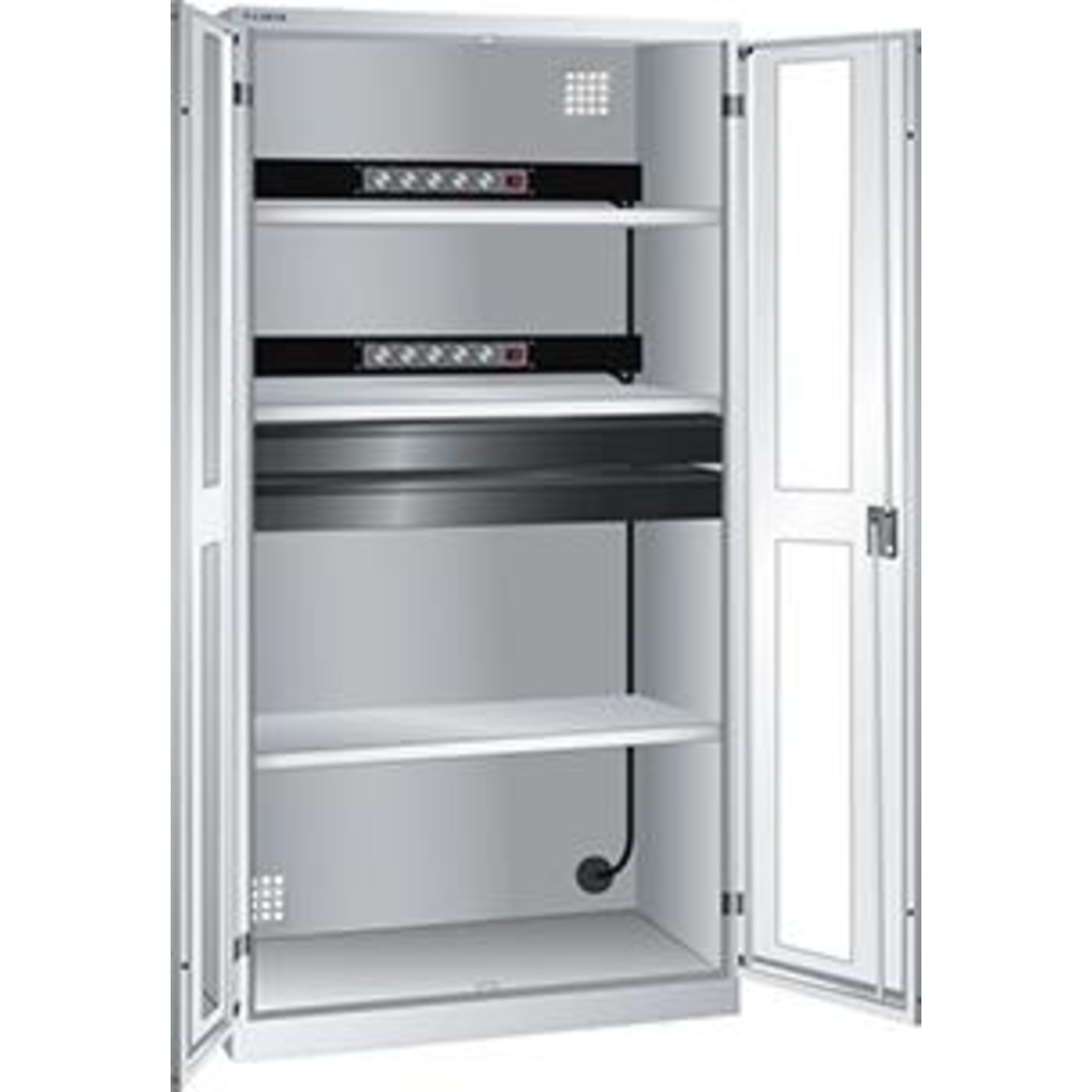 Akku-Ladeschrank B1000xT580xH1950mm RAL 7035,Sichtfenstertür 2x5-fach Leiste,4Böden