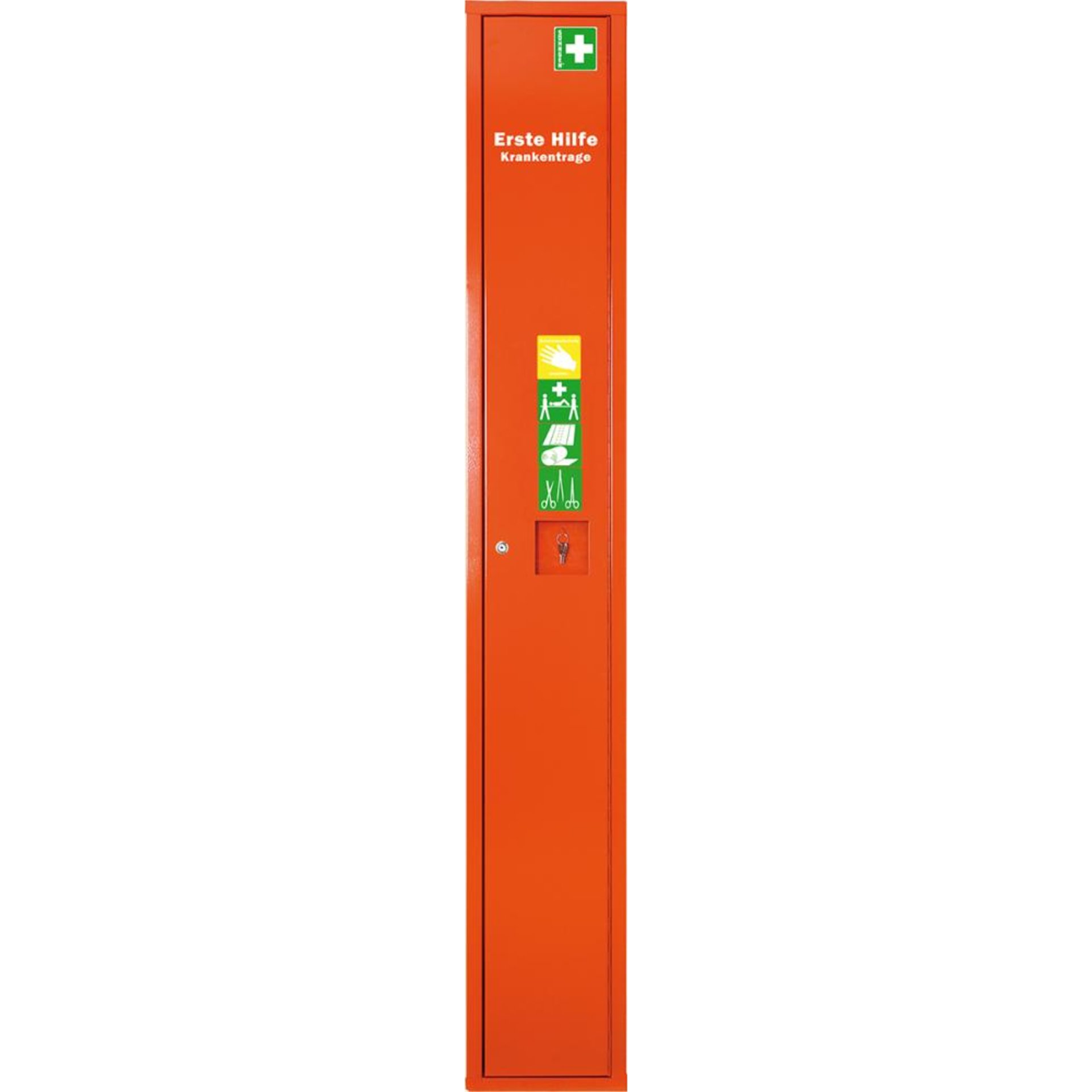 Sanitäts-Stehschrank B300xT200xH2000 mm gefüllt mir Trage und Erste-Hilfe-Koffer